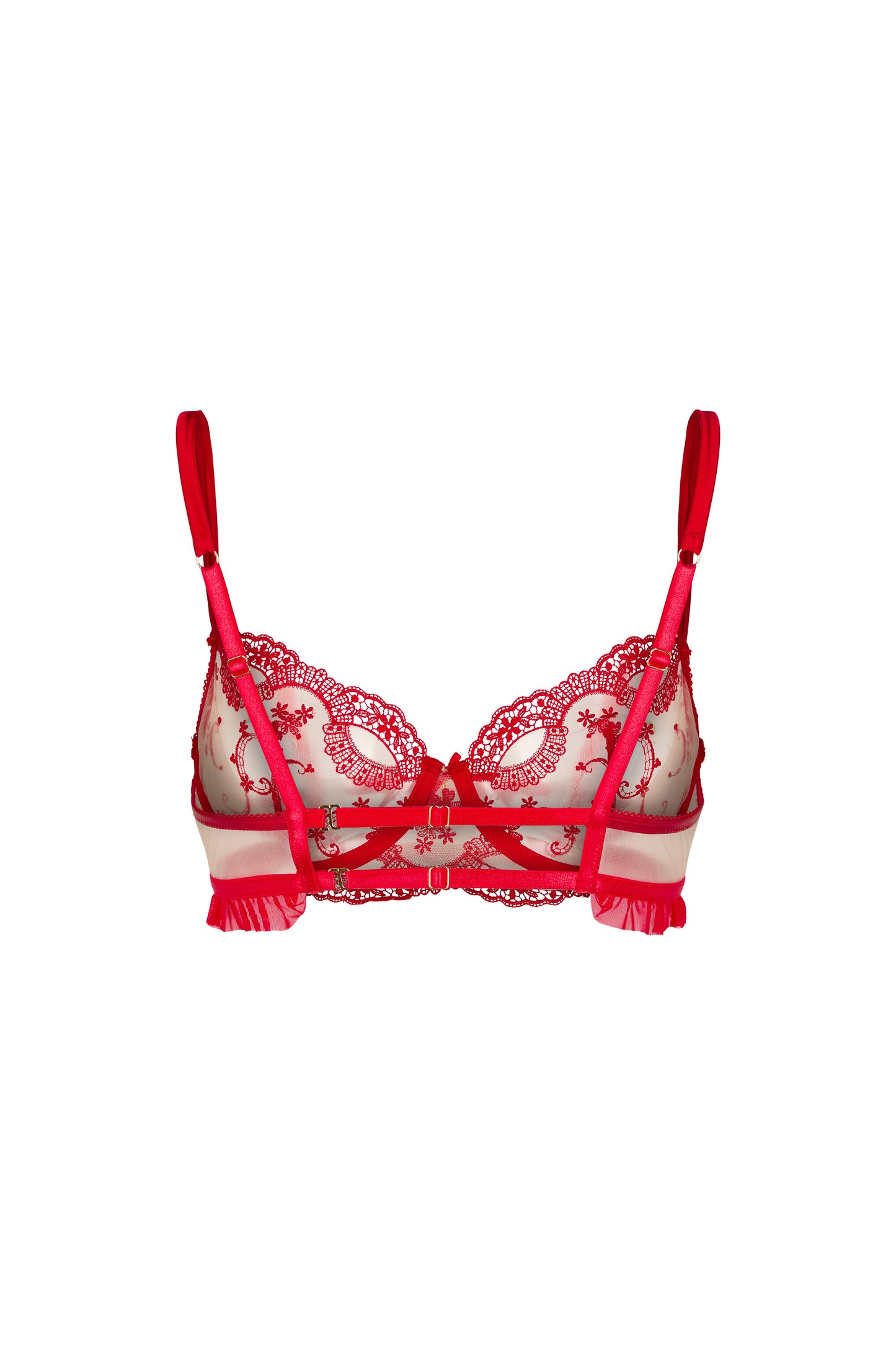 Back view of the Juliette red underwired balconette bra with adjustable satin straps and gold-tone hardware on a white background.