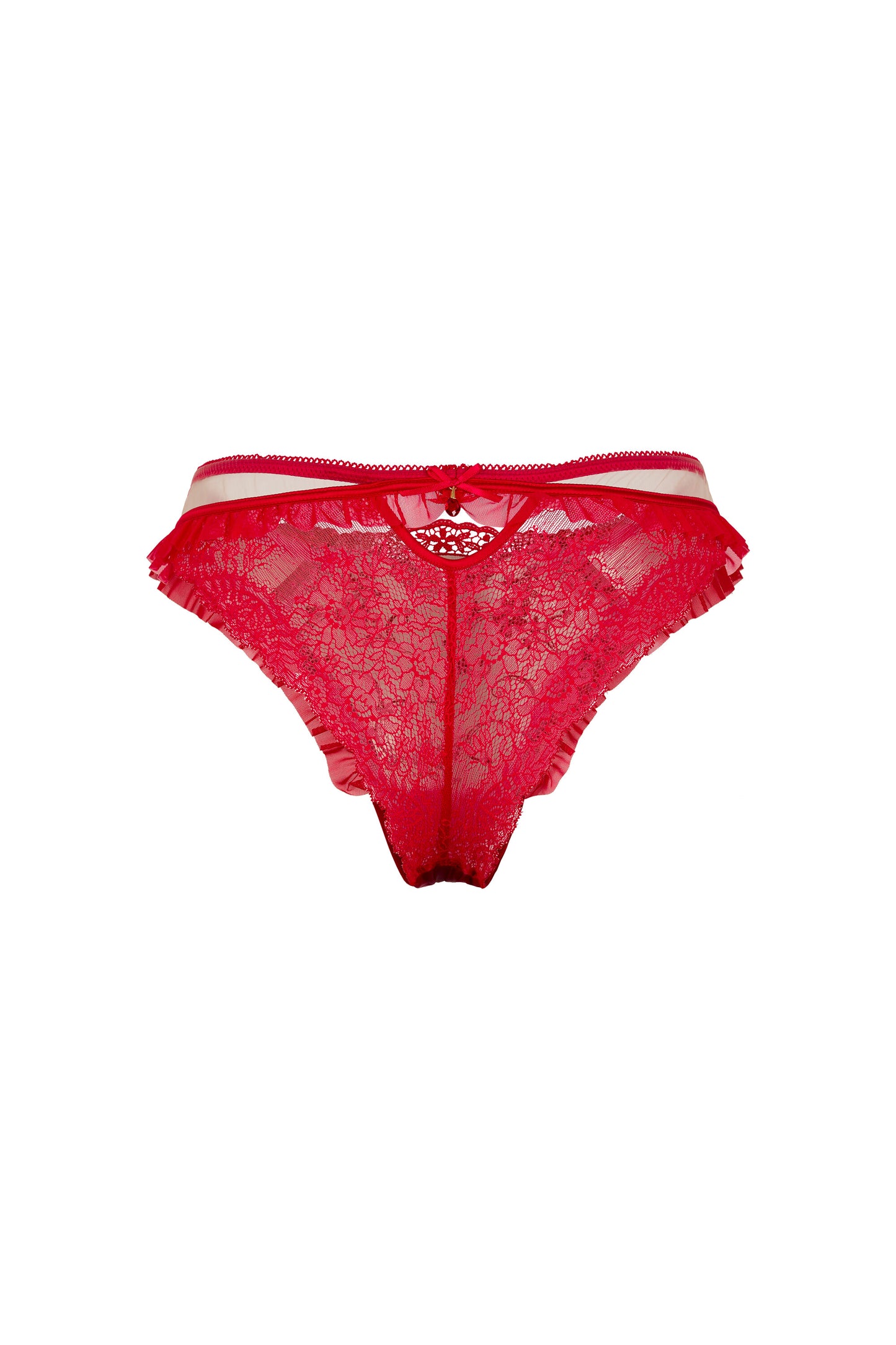 Back view of the Juliette red brief with lace back, ruffled tulle trim and fine mesh sides on a white background.