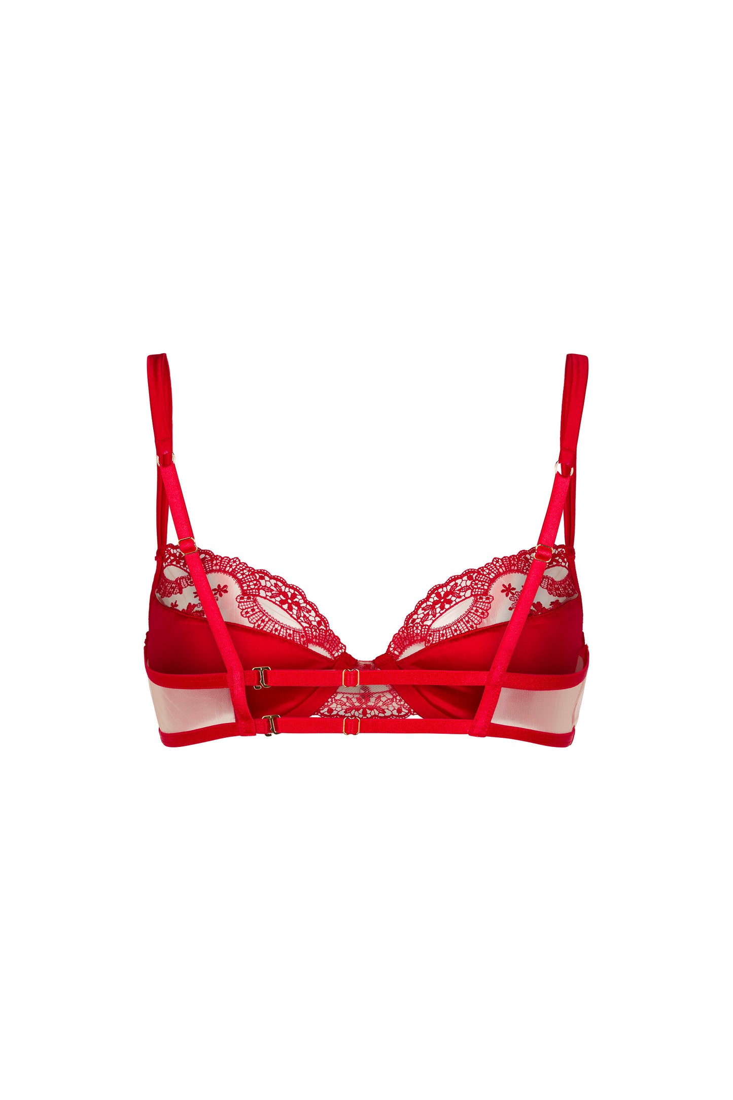 Back view of the Juliette red push-up bra with adjustable satin straps, sheer tulle wings and gold-tone hardware on a white background.