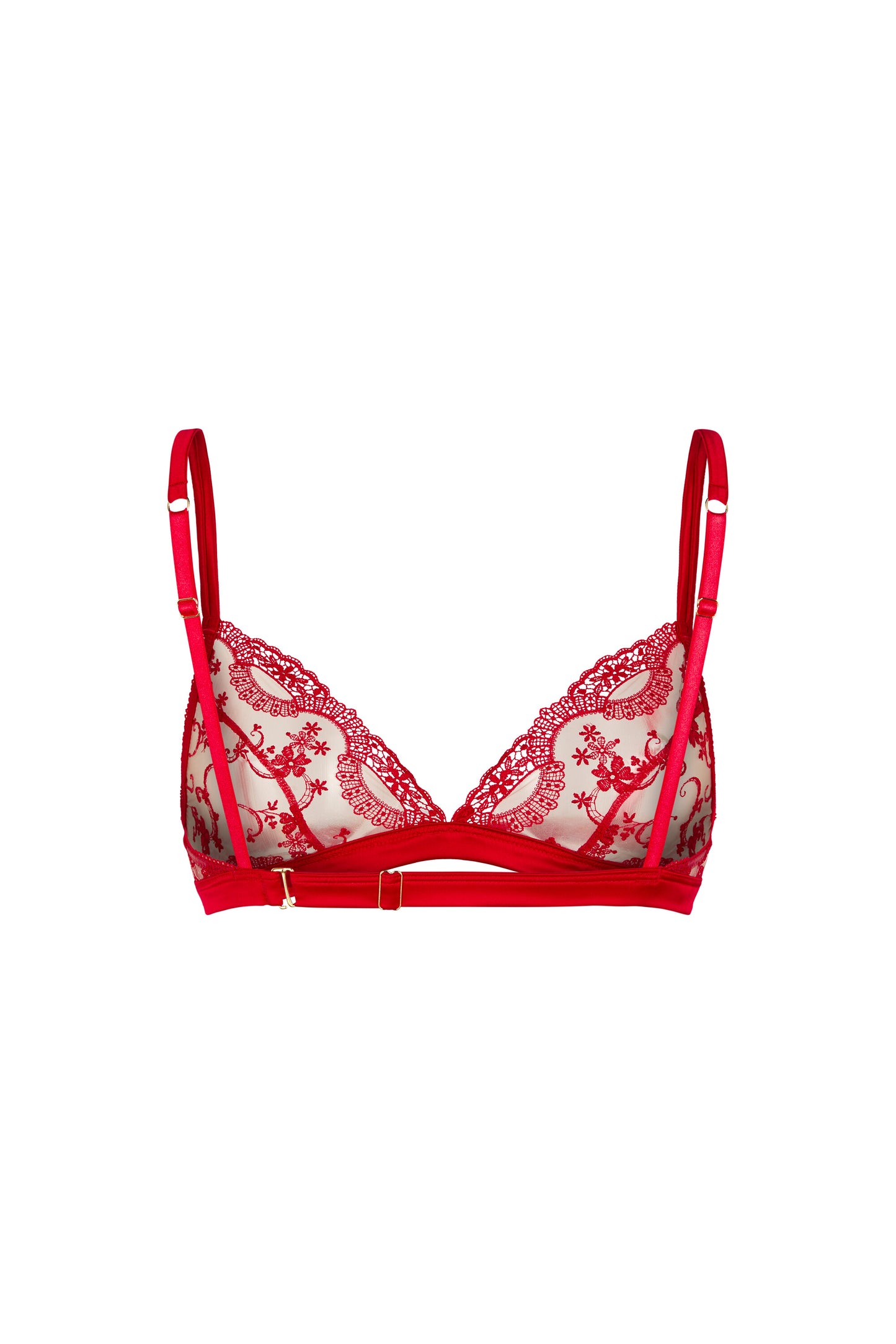 Back view of the Juliette red triangle bralette with adjustable straps, wide satin underband, swan-hook closure and gold-tone hardware on a white background.