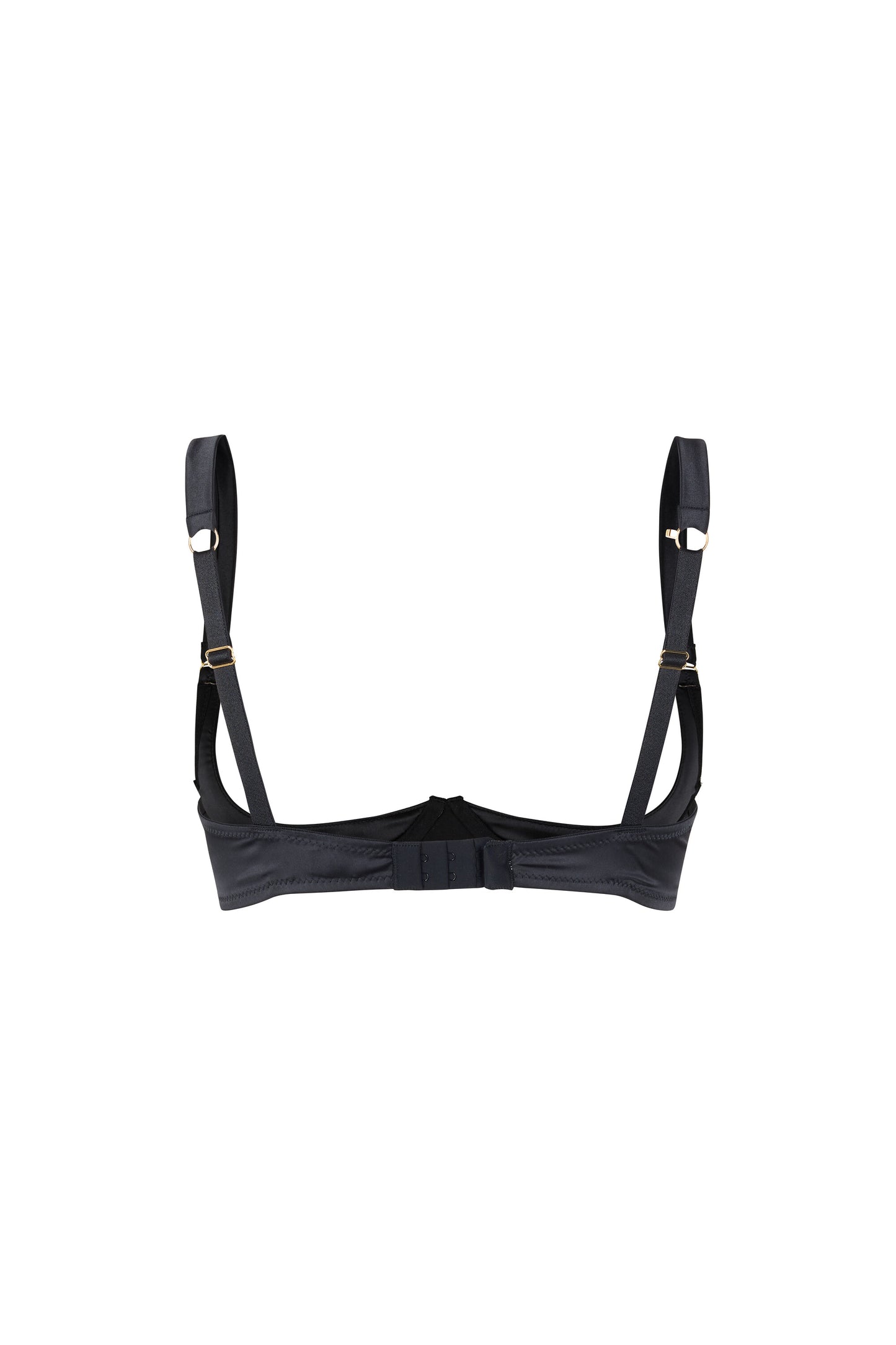 Back view of the Kate black quarter cup bra with graphic back straps, hook-and-eye closure and gold-tone hardware on a white background.