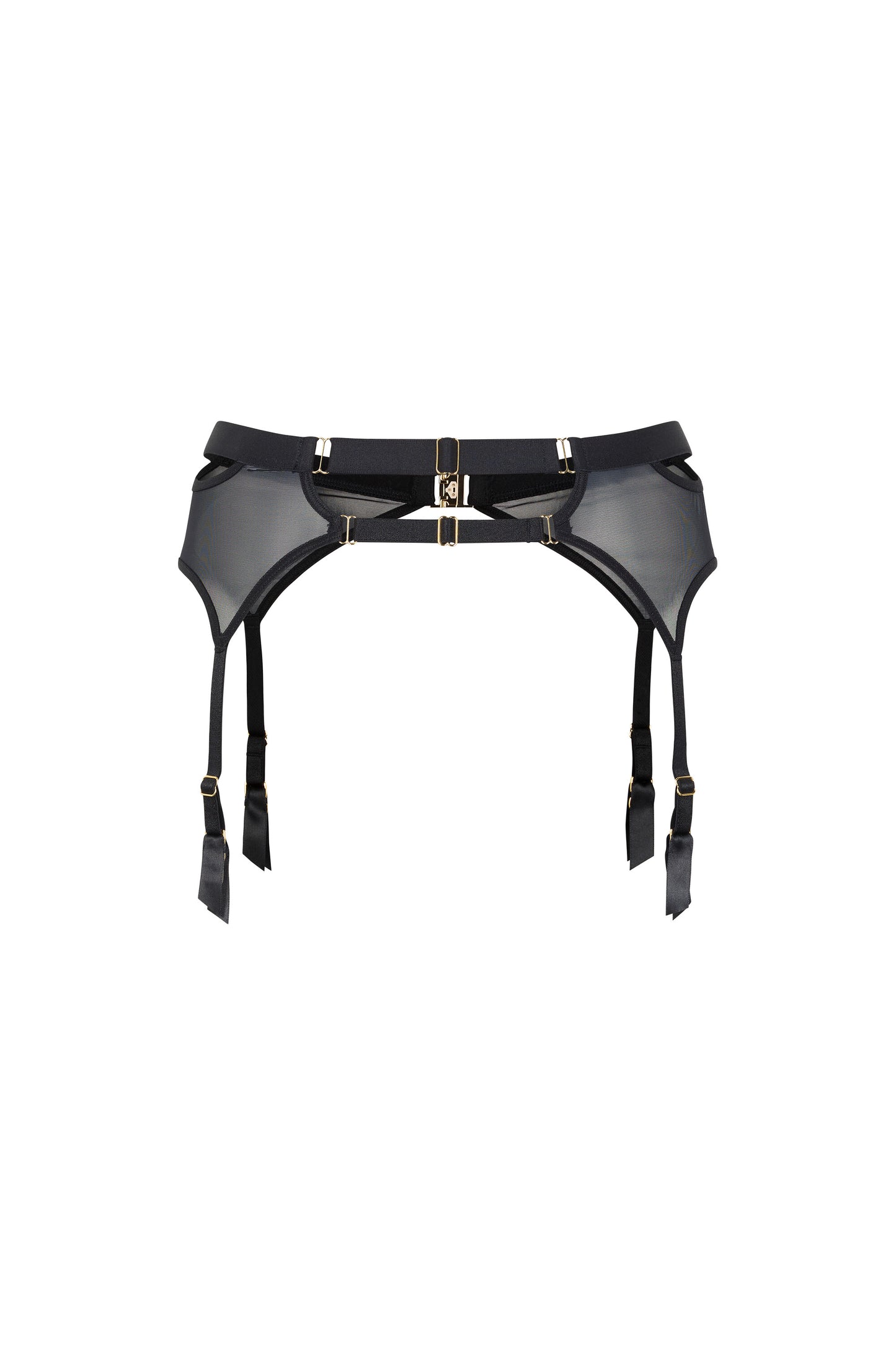 Back view of the Kate black suspender belt with dual adjustable back straps, sheer mesh panels and gold-tone hardware on a white background.