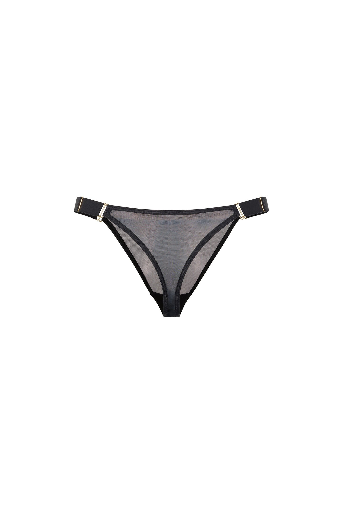 Back view of the Kate black thong with sheer mesh, wide satin side straps and gold-tone hardware on a white background.