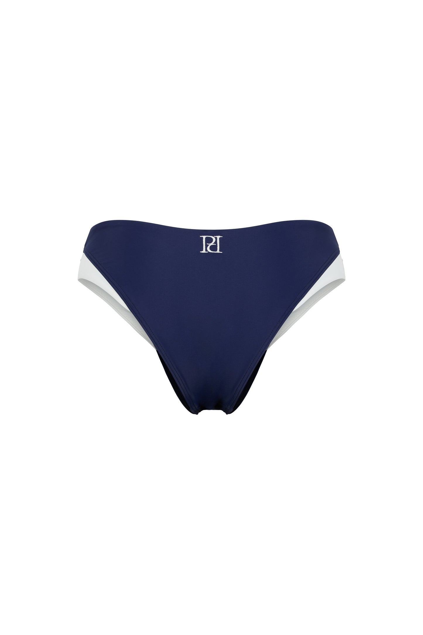 Back view of the Monaco navy and ivory bikini bottom with signature embroidery, classic coverage and ivory side accents on a white background.