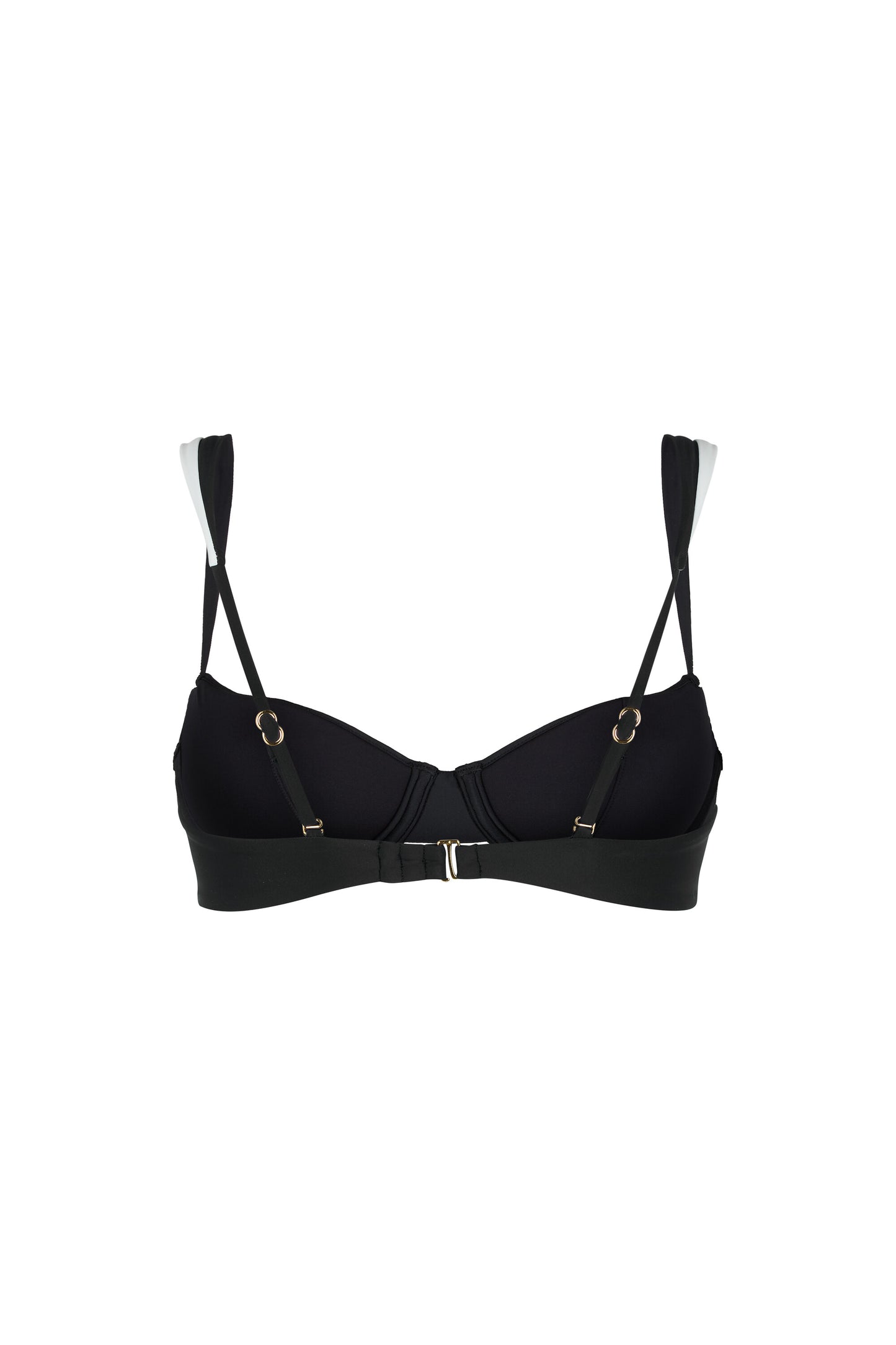 Back view of the Monaco black and ivory bikini top with adjustable swan-hook closure and straps, European swim fabric and gold-tone hardware on a white background.