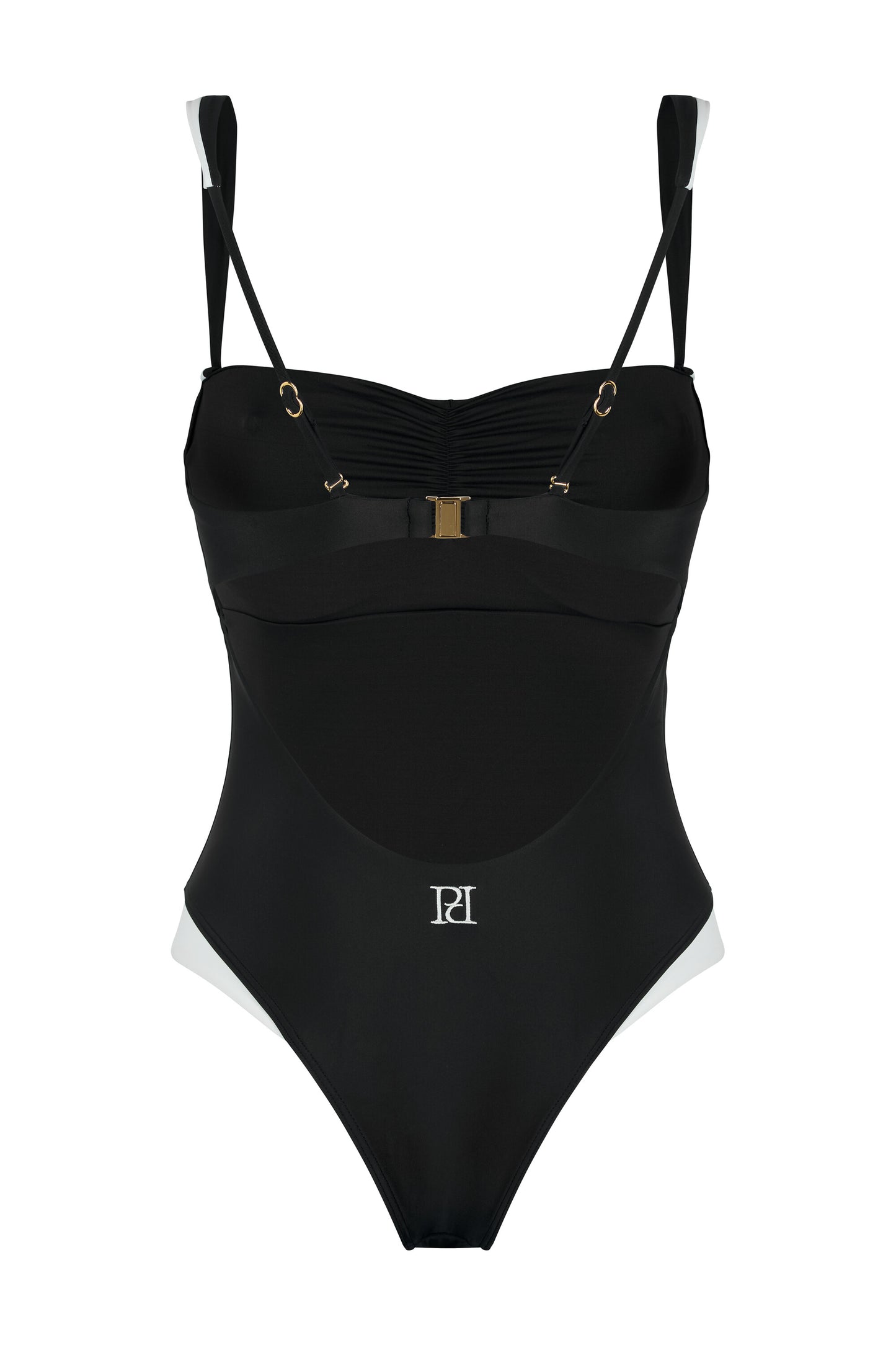 Back view of the Monaco black and ivory one-piece swimsuit with open back, logo embroidery, ivory framing and gold-tone hardware on a white background.