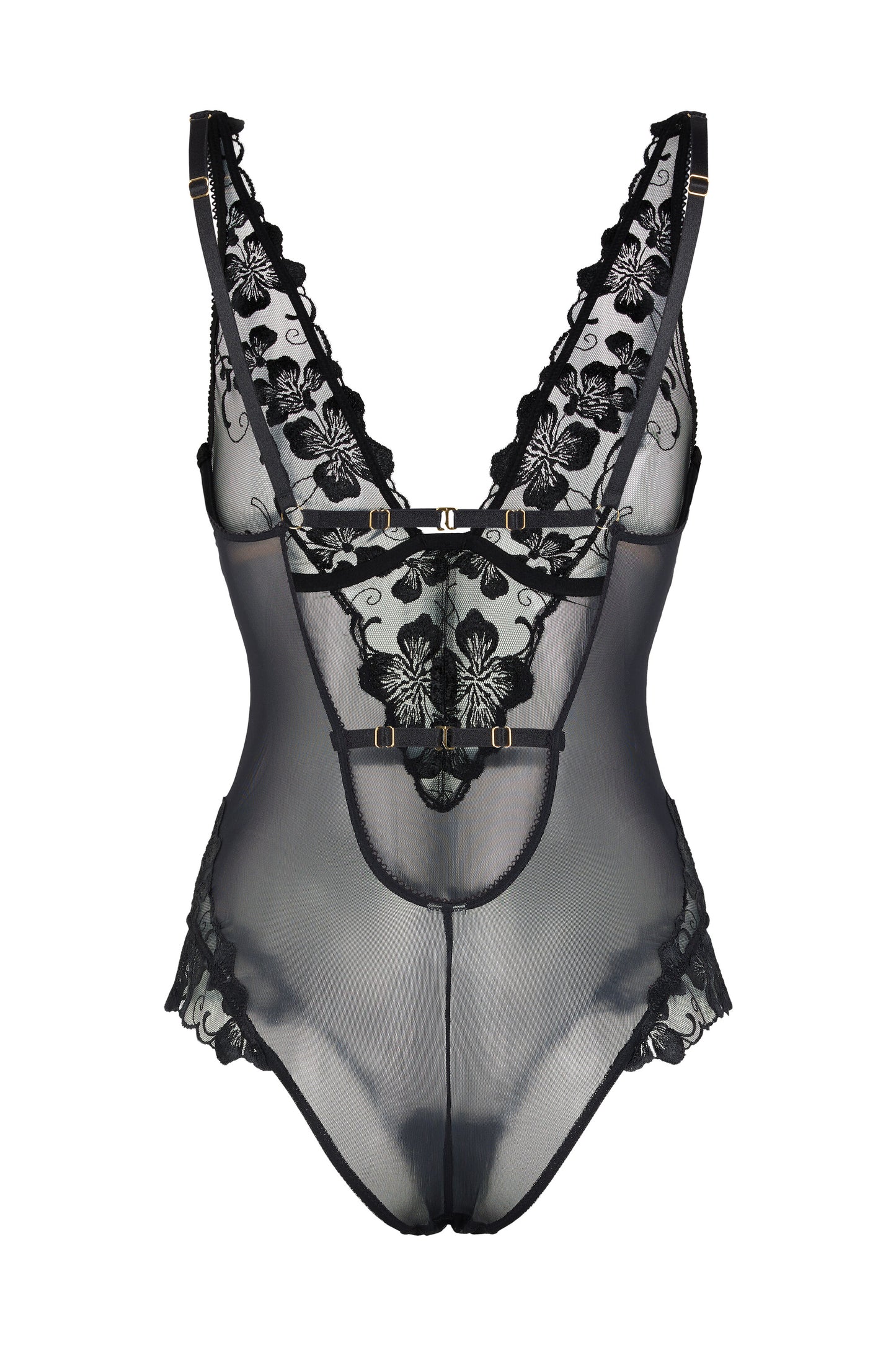 Back view of the Valerie black bodysuit with open back, sheer contouring mesh, adjustable straps and gold-tone hardware on a white background.