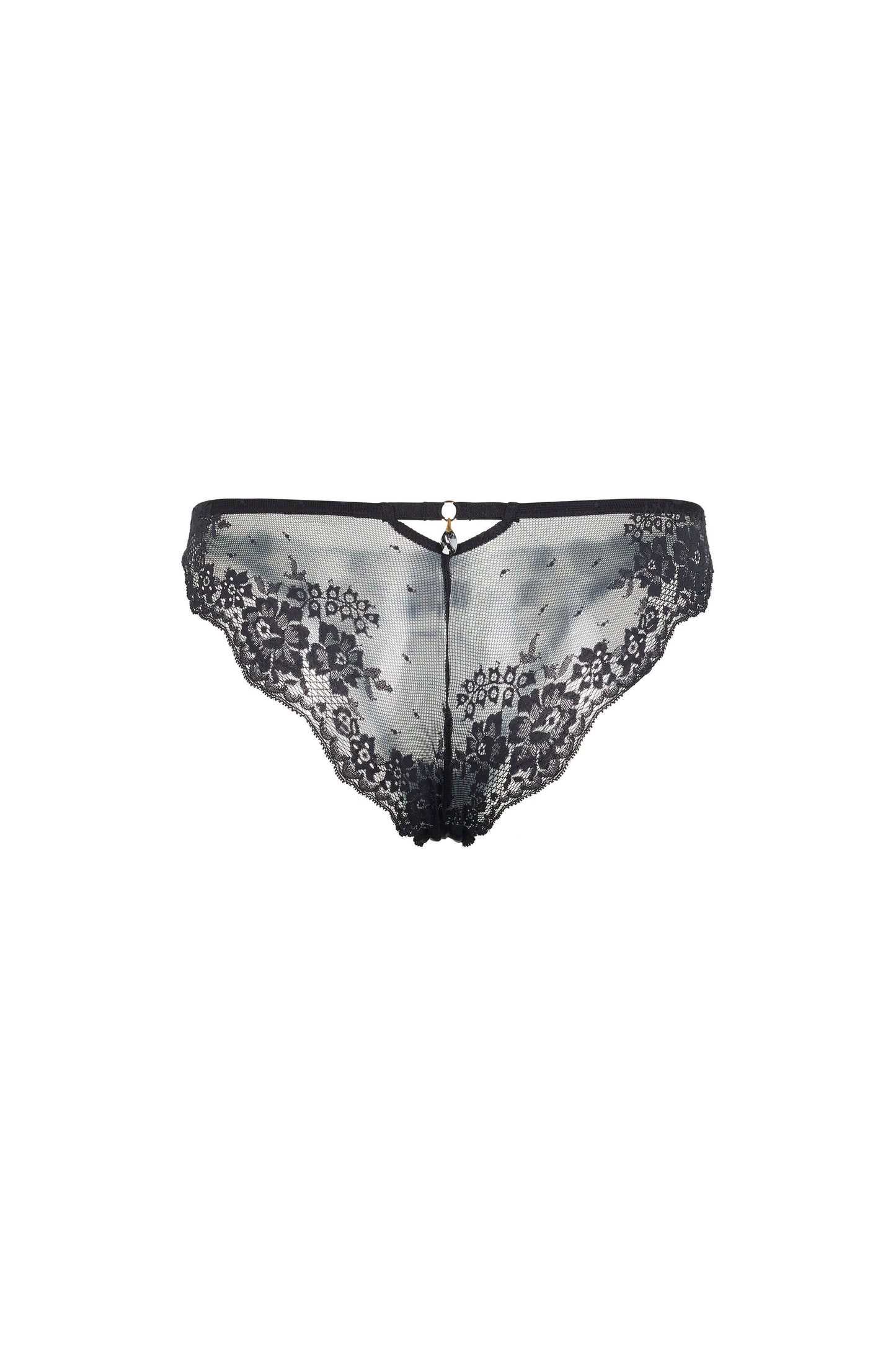 Back view of the Valerie black brief with Italian lace back, gold-tone hardware and Austrian crystal centrepiece on a white background.
