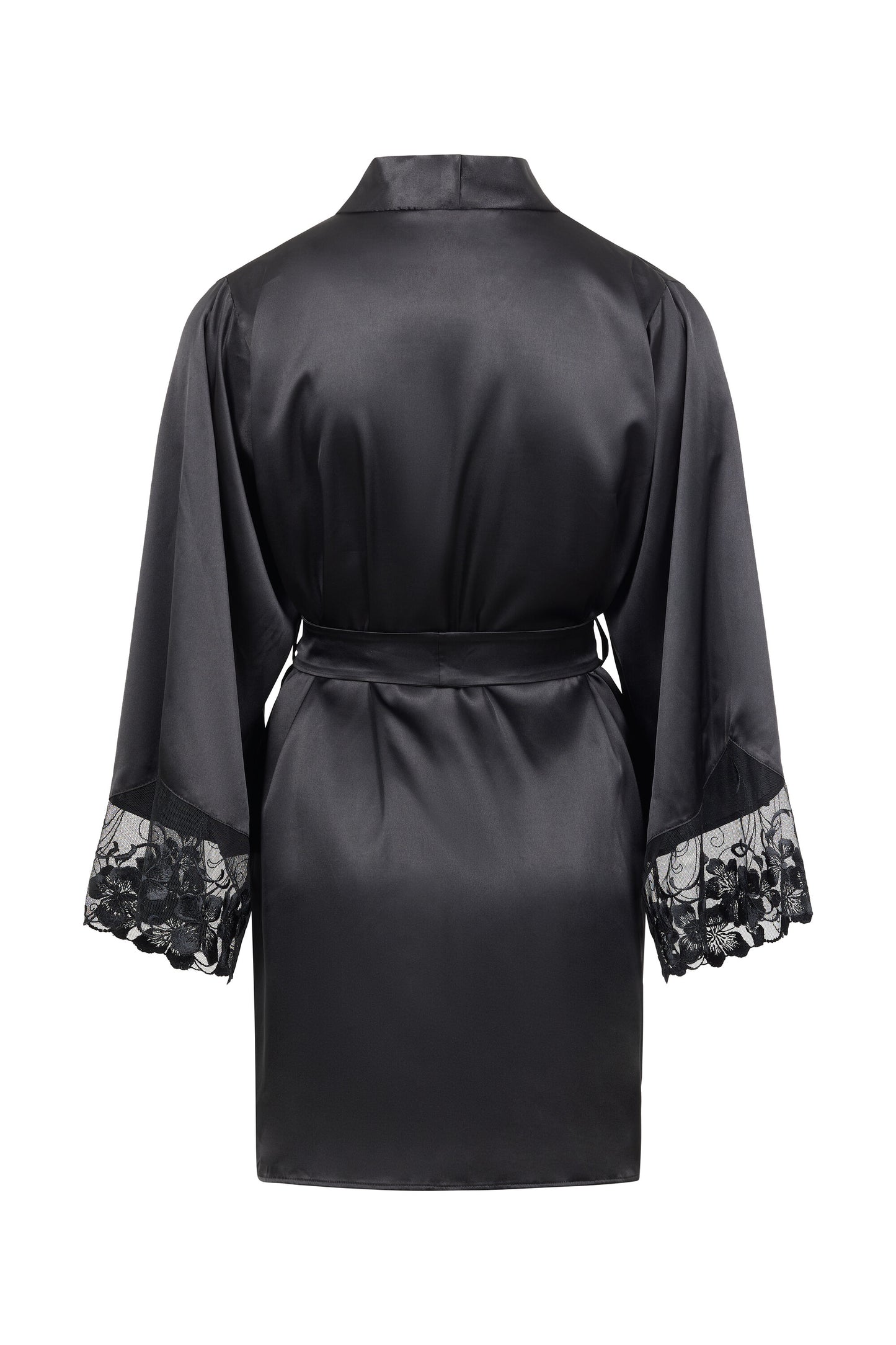 Back view of the Valerie black satin robe with Swiss embroidered tulle sleeves, Italian satin drape and tailored waist belt on a white background.