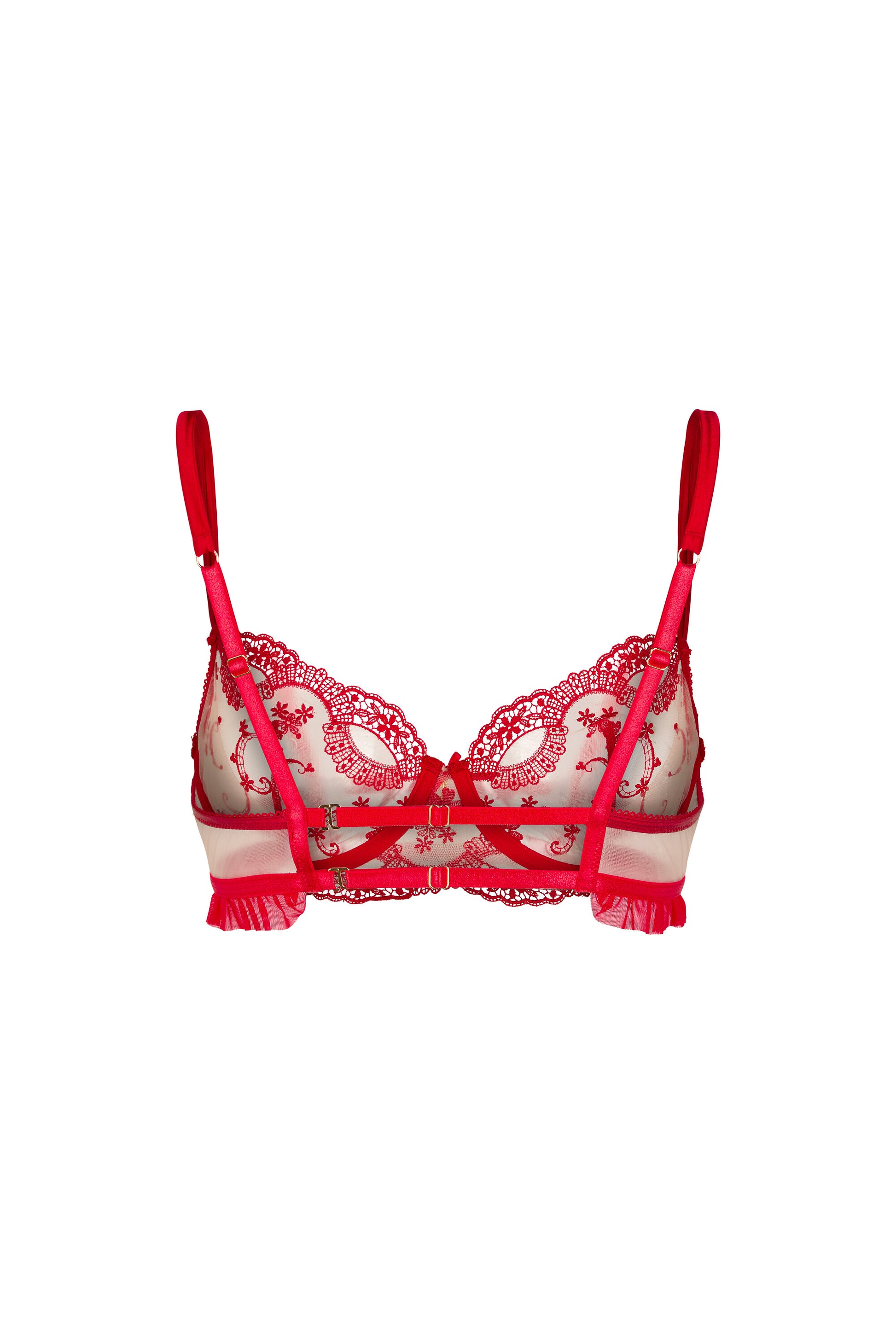 Back view of the Juliette red underwired balconette bra with adjustable satin straps and gold-tone hardware on a white background.