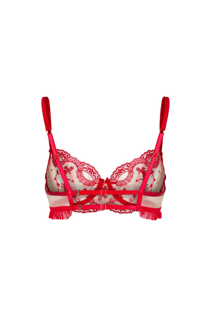 Back view of the Juliette red underwired balconette bra with adjustable satin straps and gold-tone hardware on a white background.