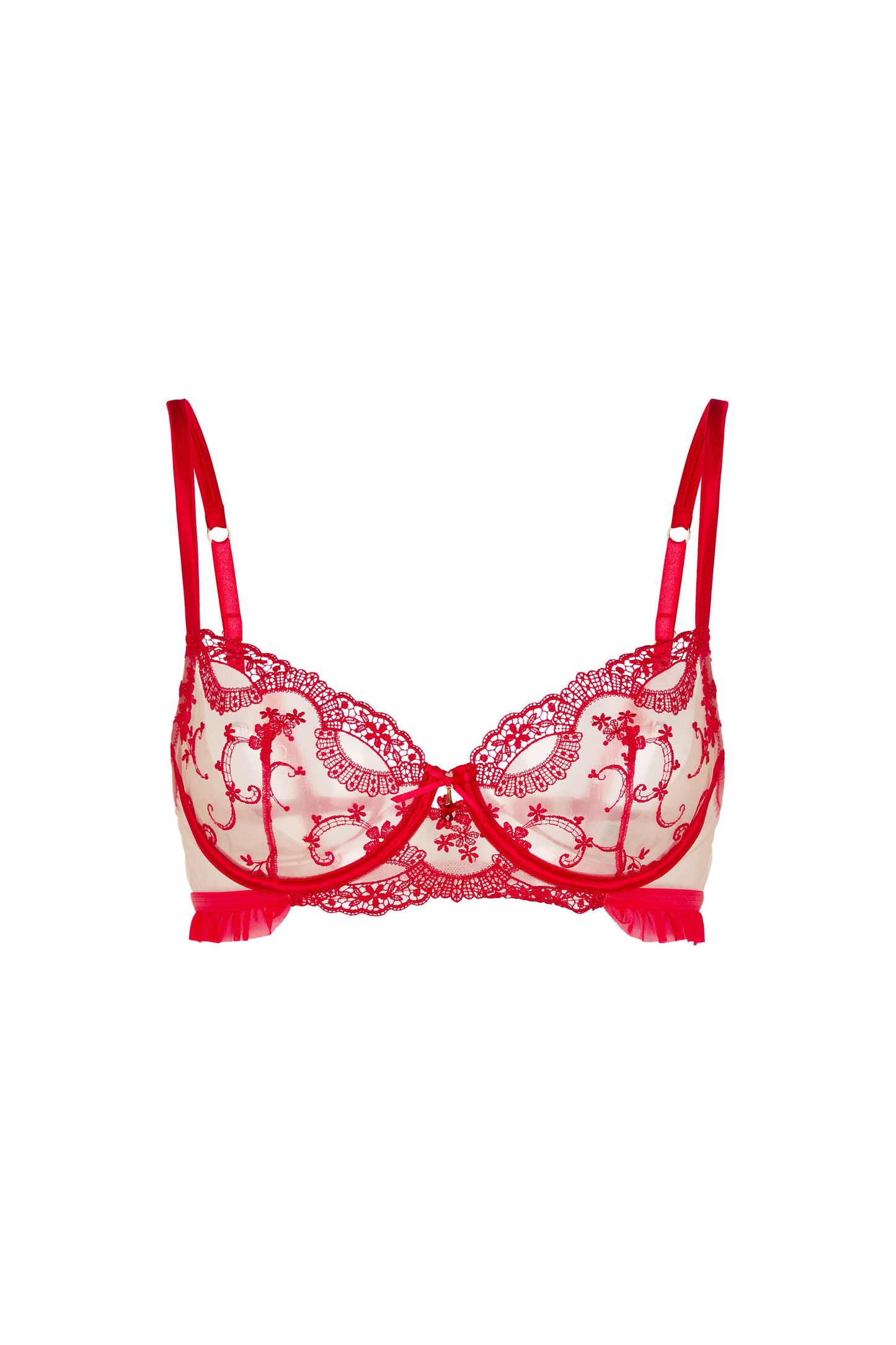 Juliette red balconette bra with Swiss embroidery, sheer tulle and crystal centrepiece on a white background.