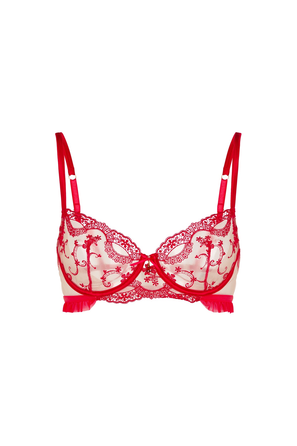 Juliette red balconette bra with Swiss embroidery, sheer tulle and crystal centrepiece on a white background.