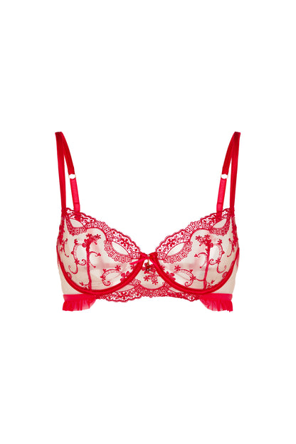 Juliette red balconette bra with Swiss embroidery, sheer tulle and crystal centrepiece on a white background.