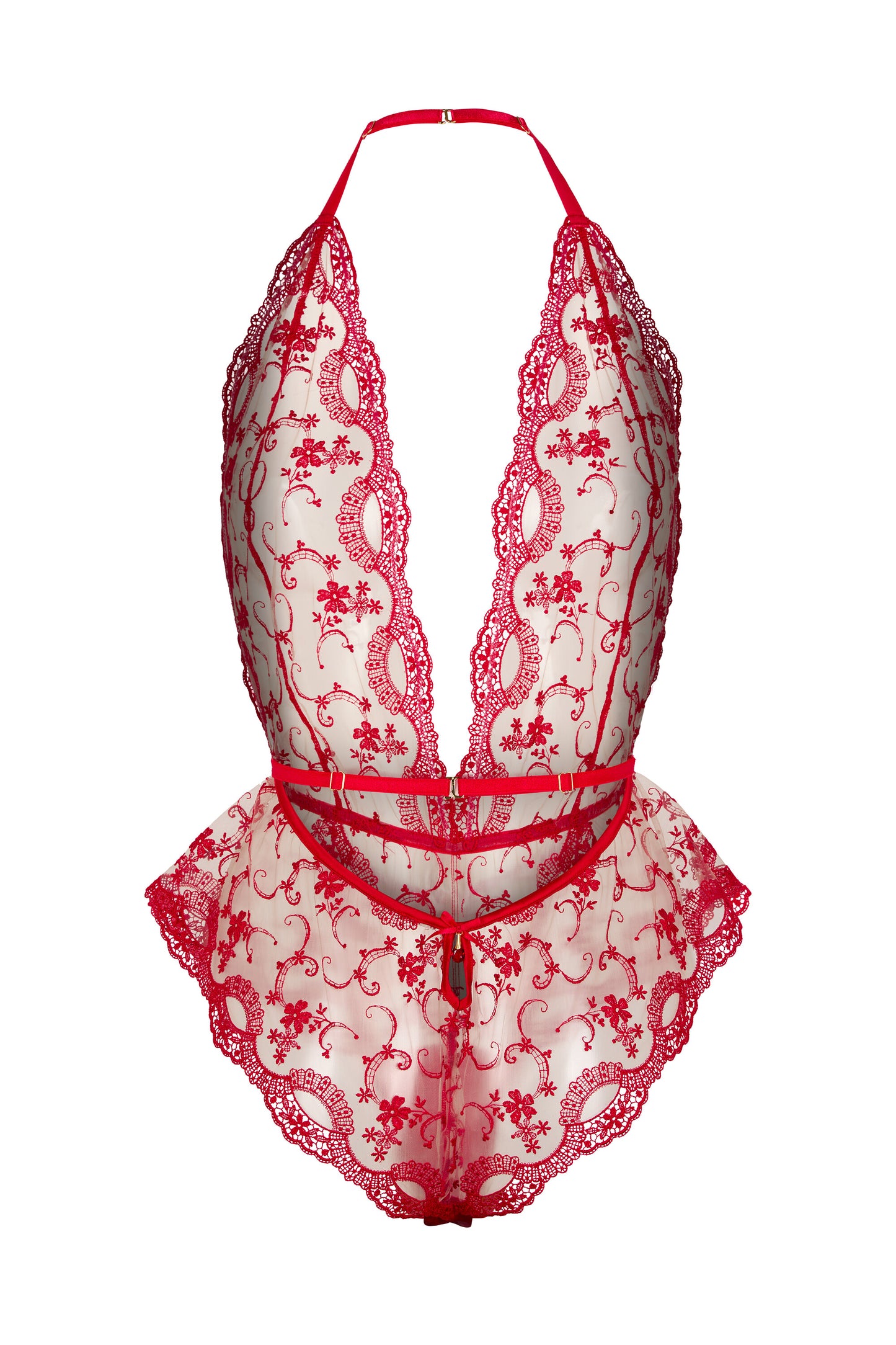Back view of the Juliette red floral embroidered bodysuit with open back, scalloped edges and gold-tone hardware on a white background.
