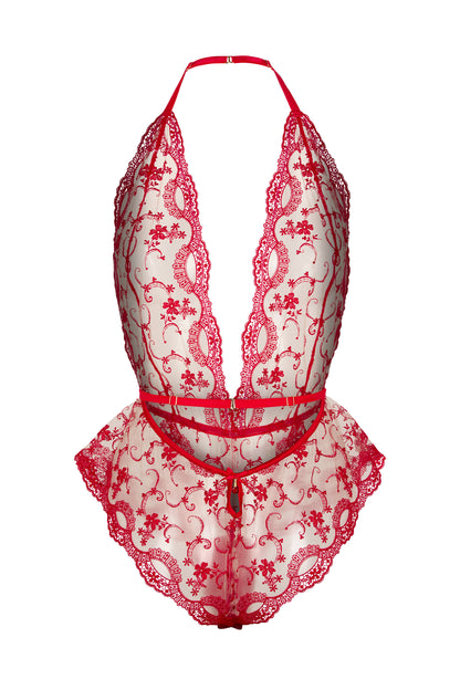 Back view of the Juliette red floral embroidered bodysuit with open back, scalloped edges and gold-tone hardware on a white background.