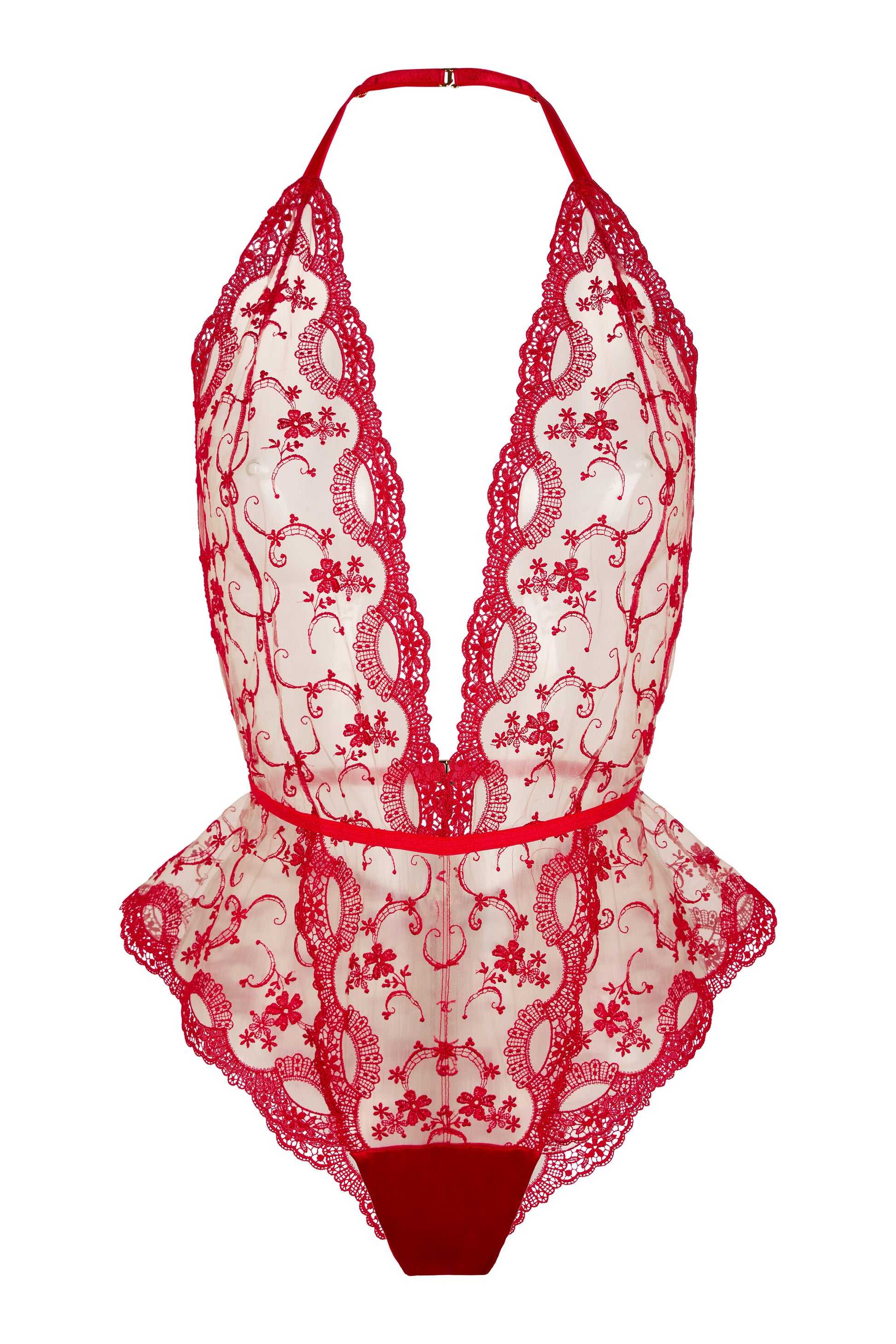 Juliette red embroidered bodysuit with plunging halter neckline, sheer tulle and scalloped floral lace on a white background.