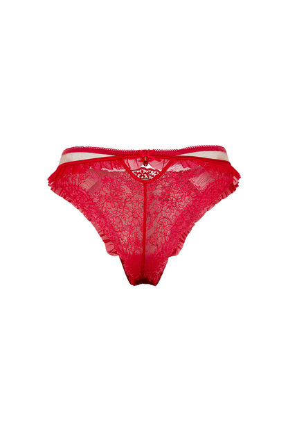 Back view of the Juliette red brief with lace back, ruffled tulle trim and fine mesh sides on a white background.