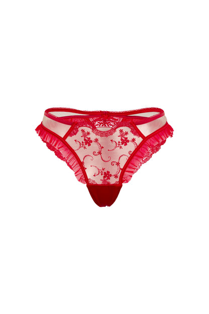 Juliette red brief with scarlet Swiss embroidery, sheer tulle, ruffled tulle trim and fine mesh sides on a white background.