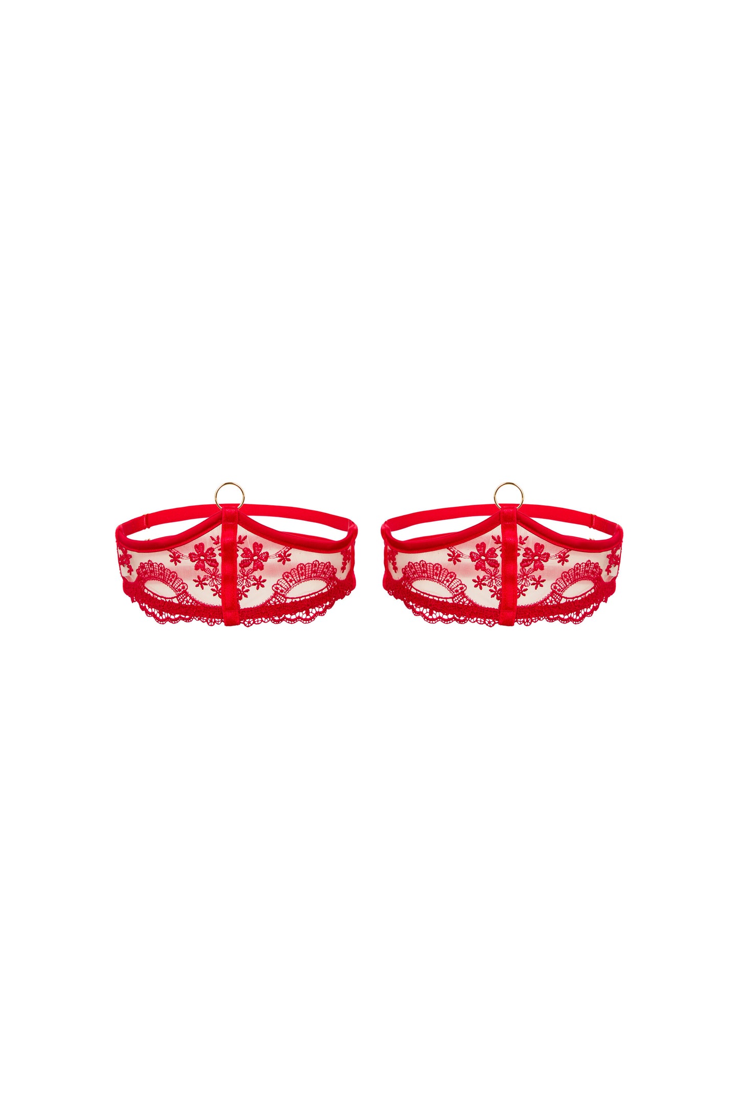 Juliette red thigh garters with scarlet Swiss embroidery, straps and gold O-ring detail on a white background.