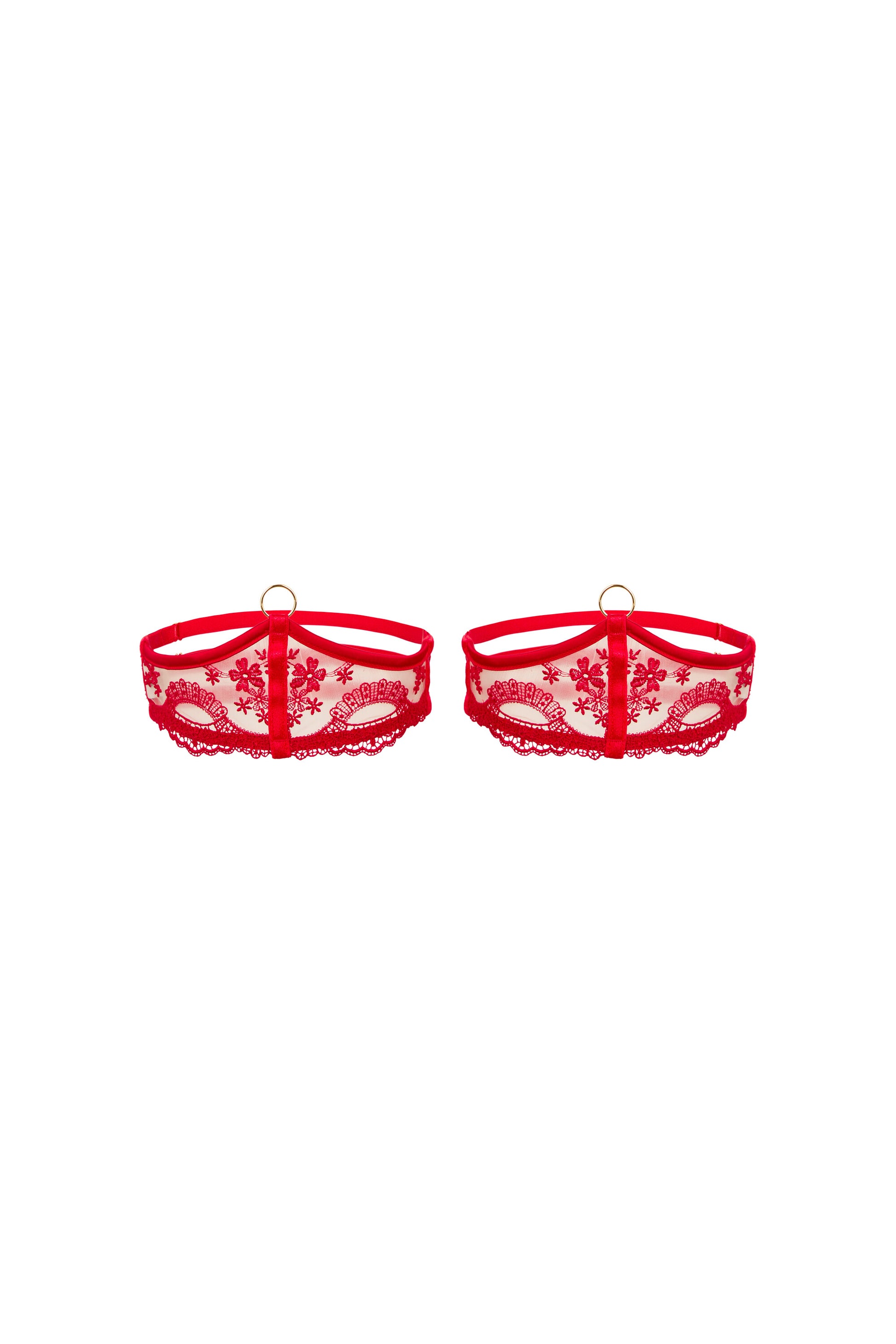 Juliette red thigh garters with scarlet Swiss embroidery, straps and gold O-ring detail on a white background.