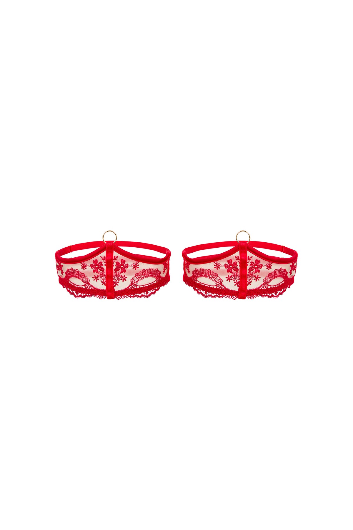 Juliette red thigh garters with scarlet Swiss embroidery, straps and gold O-ring detail on a white background.