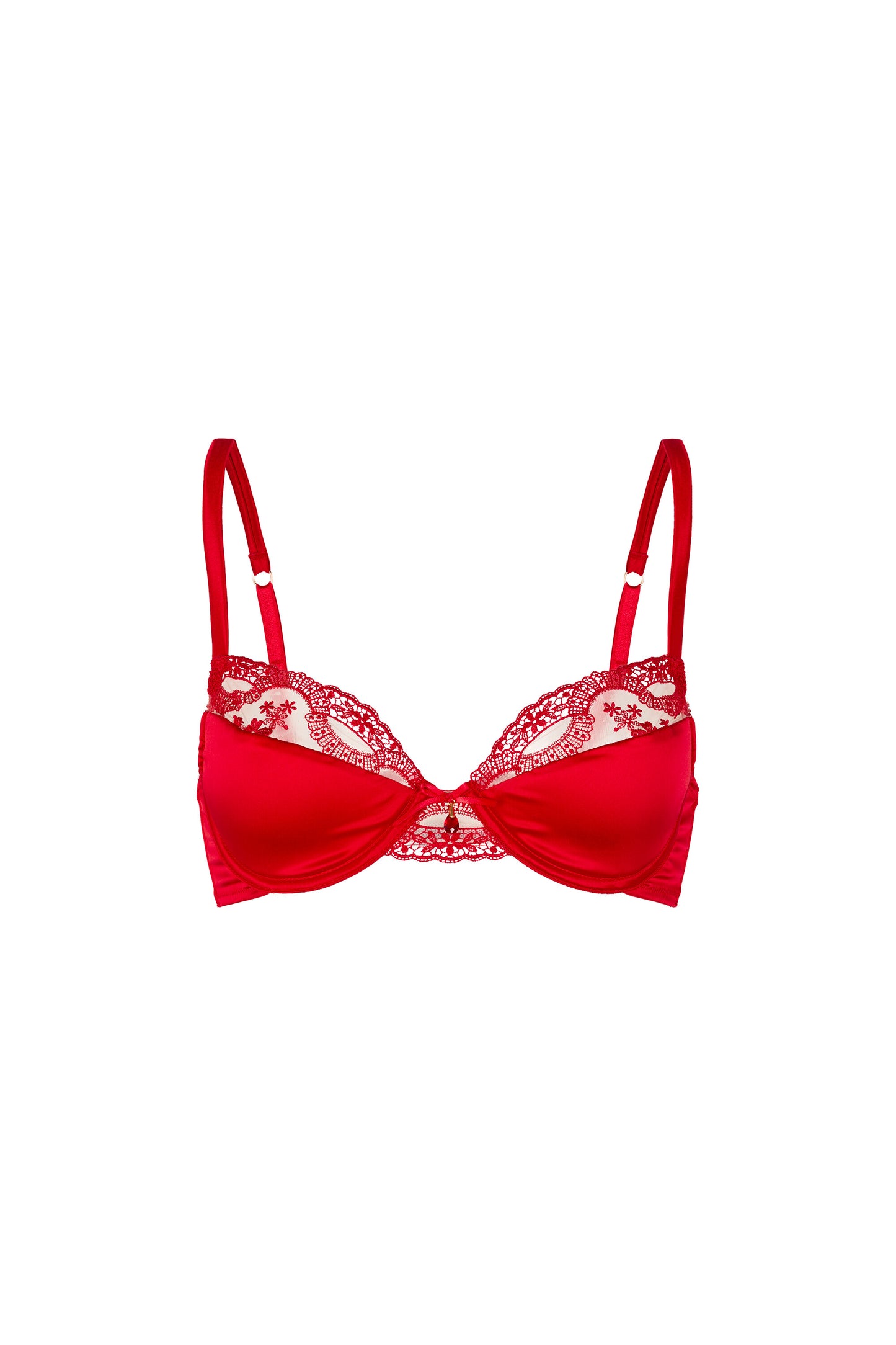 Juliette red push-up bra with glossy Italian satin, scarlet Swiss embroidery, padded cups and crystal centrepiece on a white background.