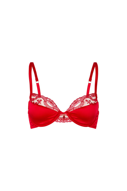 Juliette red push-up bra with glossy Italian satin, scarlet Swiss embroidery, padded cups and crystal centrepiece on a white background.
