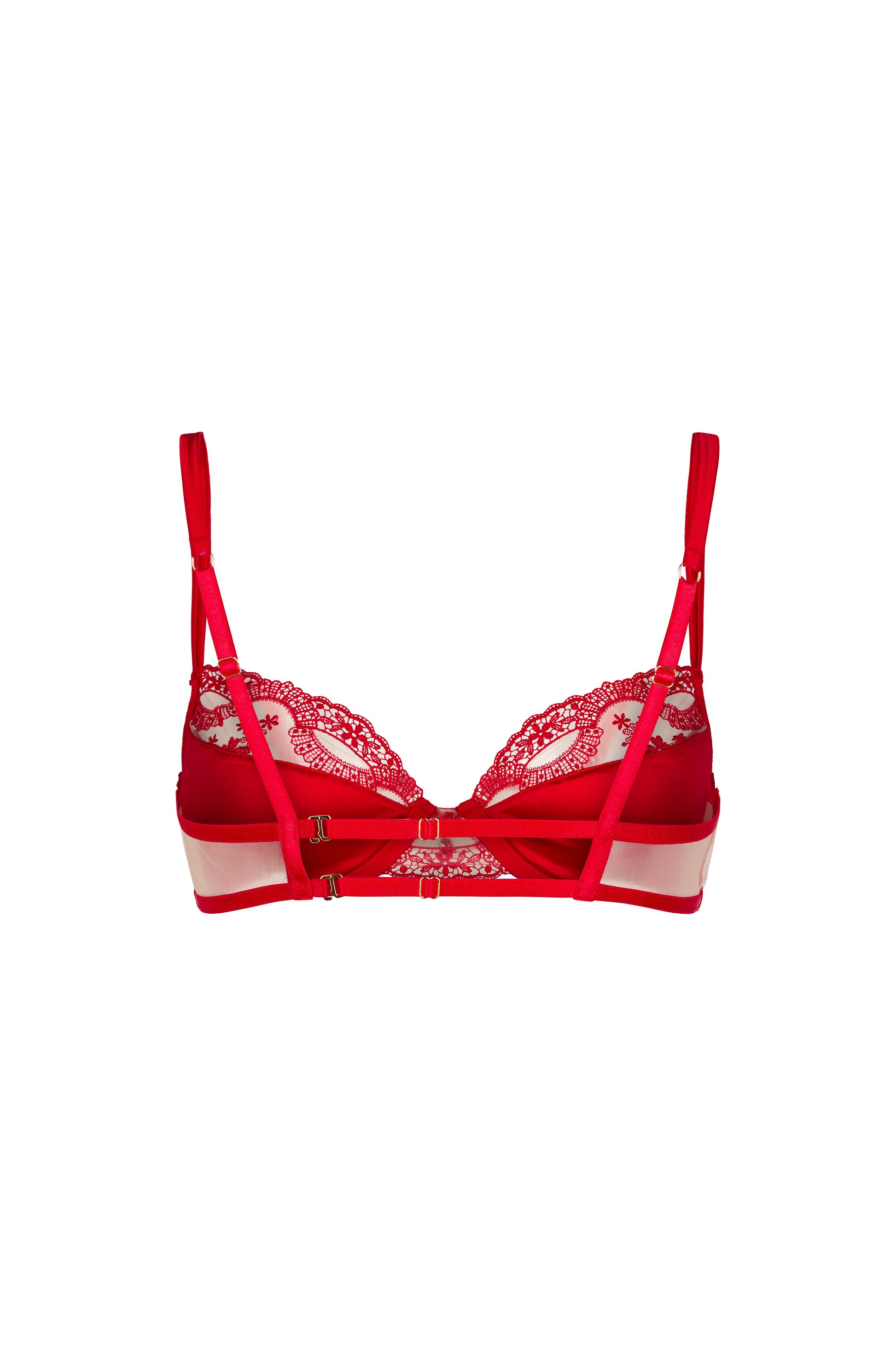 Back view of the Juliette red push-up bra with adjustable satin straps, sheer tulle wings and gold-tone hardware on a white background.