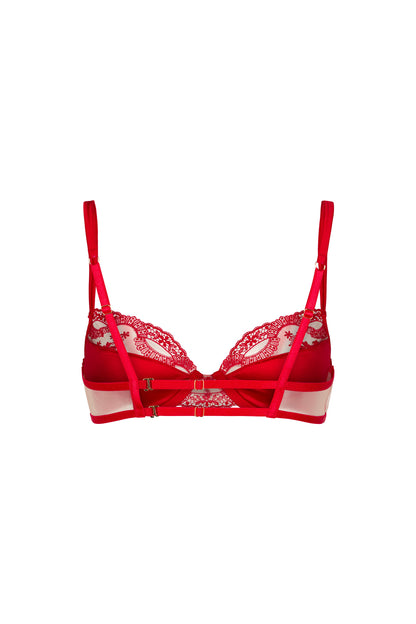 Back view of the Juliette red push-up bra with adjustable satin straps, sheer tulle wings and gold-tone hardware on a white background.