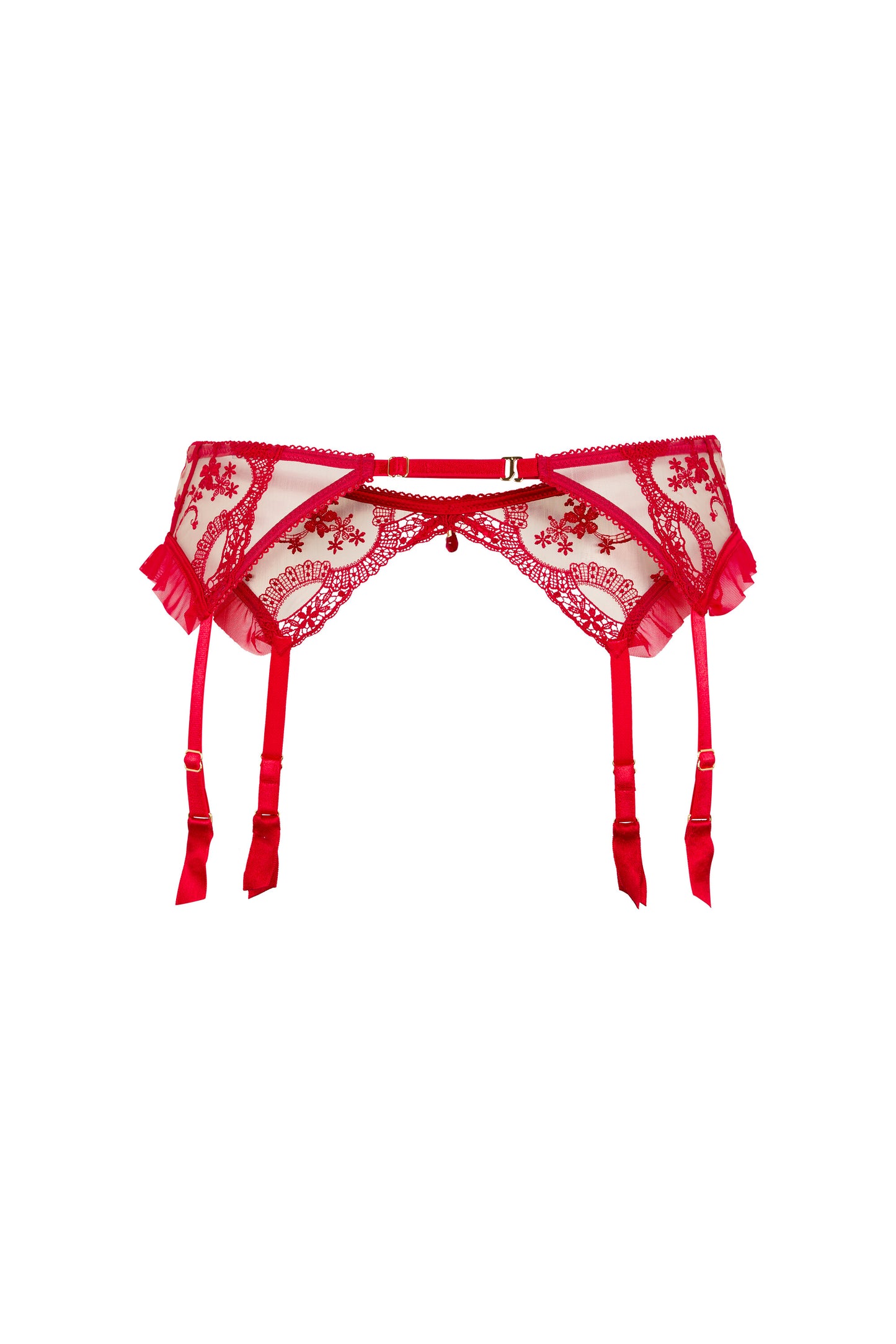 Back view of the Juliette red suspender garter belt with adjustable garter straps, ruffled tulle and swan-hook closure on a white background.
