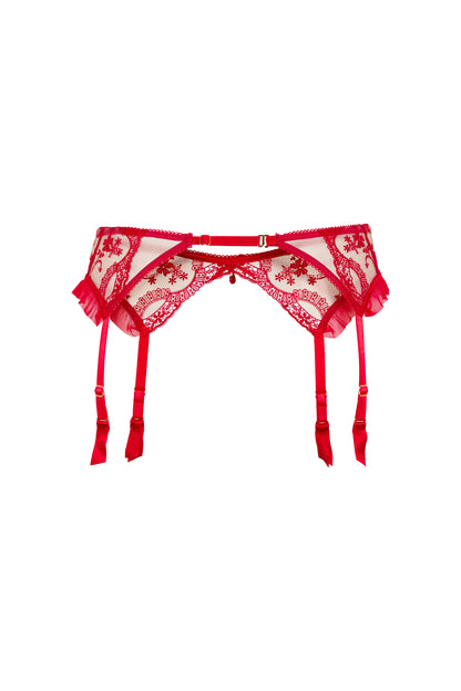 Back view of the Juliette red suspender garter belt with adjustable garter straps, ruffled tulle and swan-hook closure on a white background.