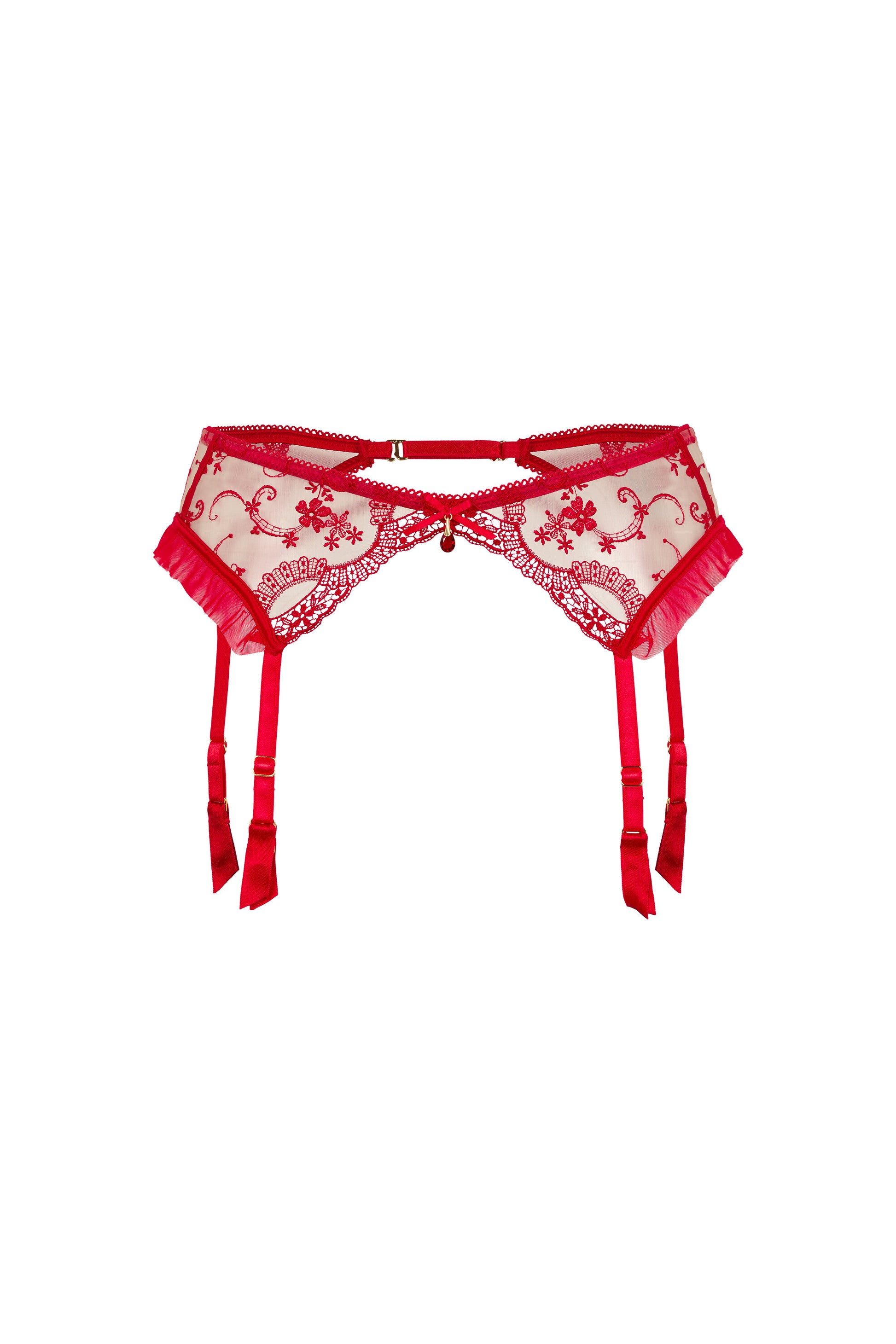 Juliette red suspender garter belt with Swiss embroidery, sheer tulle, ruffled tulle detail and crystal centrepiece on a white background.