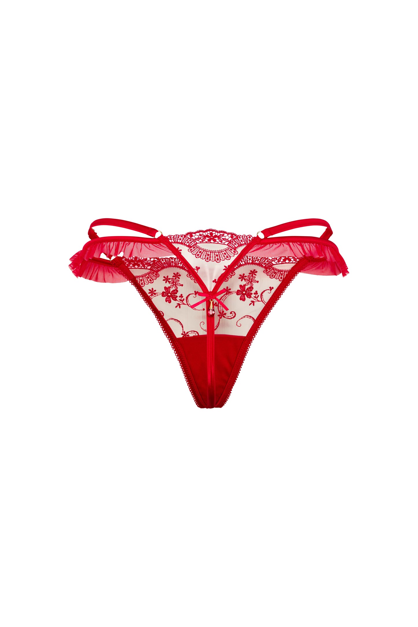 Back view of the Juliette red thong with sheer tulle, ruffled trim, satin side straps and gold-tone hardware on a white background.