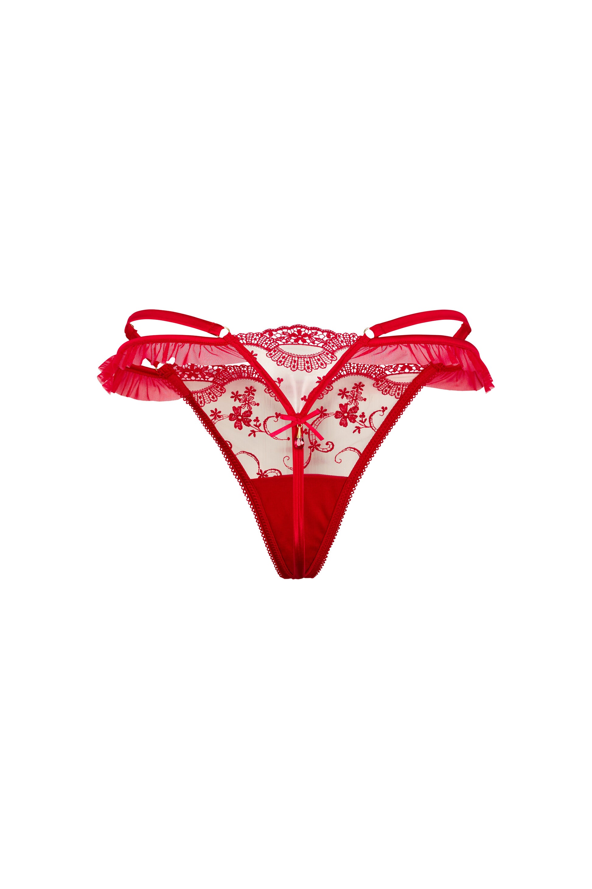 Back view of the Juliette red thong with sheer tulle, ruffled trim, satin side straps and gold-tone hardware on a white background.