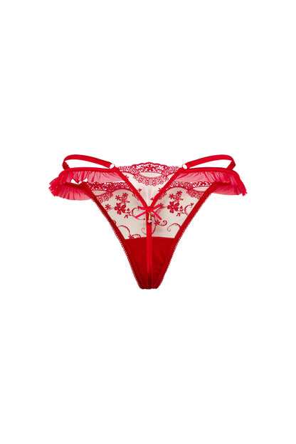 Back view of the Juliette red thong with sheer tulle, ruffled trim, satin side straps and gold-tone hardware on a white background.