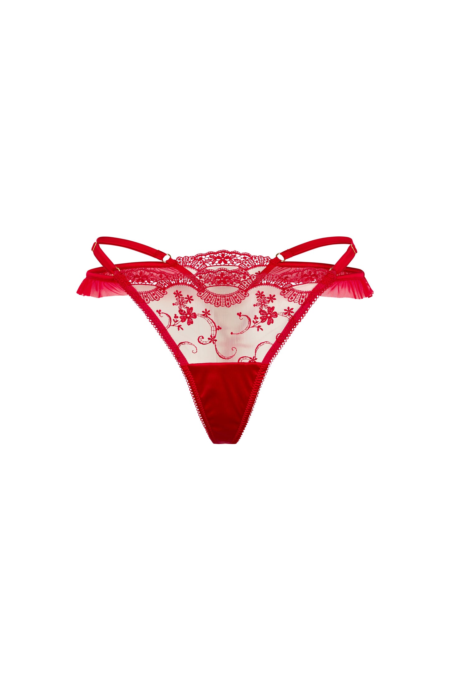 Juliette red thong with scarlet floral embroidery, sheer tulle, ruffled tulle trim and satin side straps on a white background.
