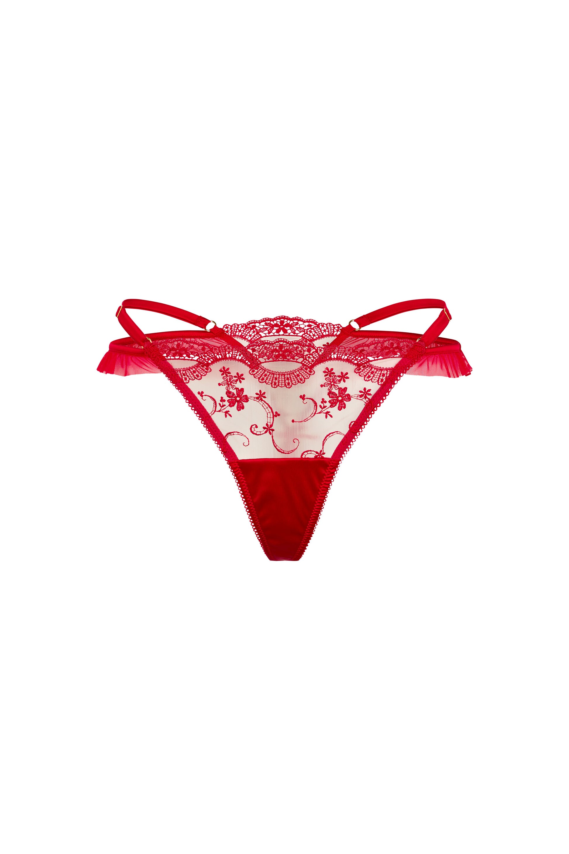 Juliette red thong with scarlet floral embroidery, sheer tulle, ruffled tulle trim and satin side straps on a white background.