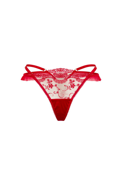 Juliette red thong with scarlet floral embroidery, sheer tulle, ruffled tulle trim and satin side straps on a white background.