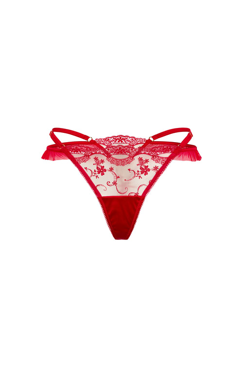 Juliette red thong with scarlet floral embroidery, sheer tulle, ruffled tulle trim and satin side straps on a white background.