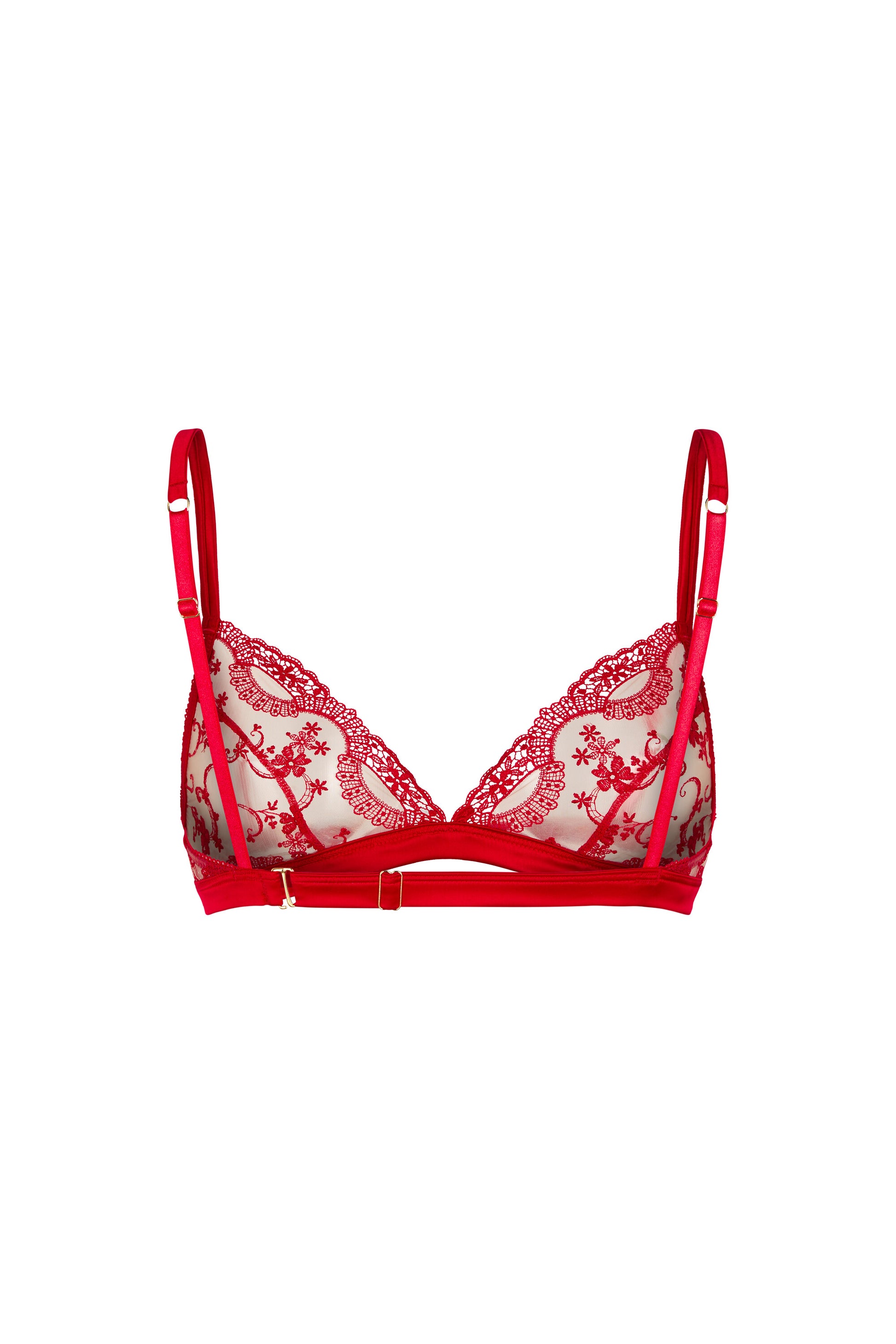 Back view of the Juliette red triangle bralette with adjustable straps, wide satin underband, swan-hook closure and gold-tone hardware on a white background.