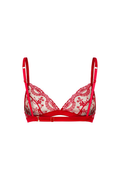 Back view of the Juliette red triangle bralette with adjustable straps, wide satin underband, swan-hook closure and gold-tone hardware on a white background.