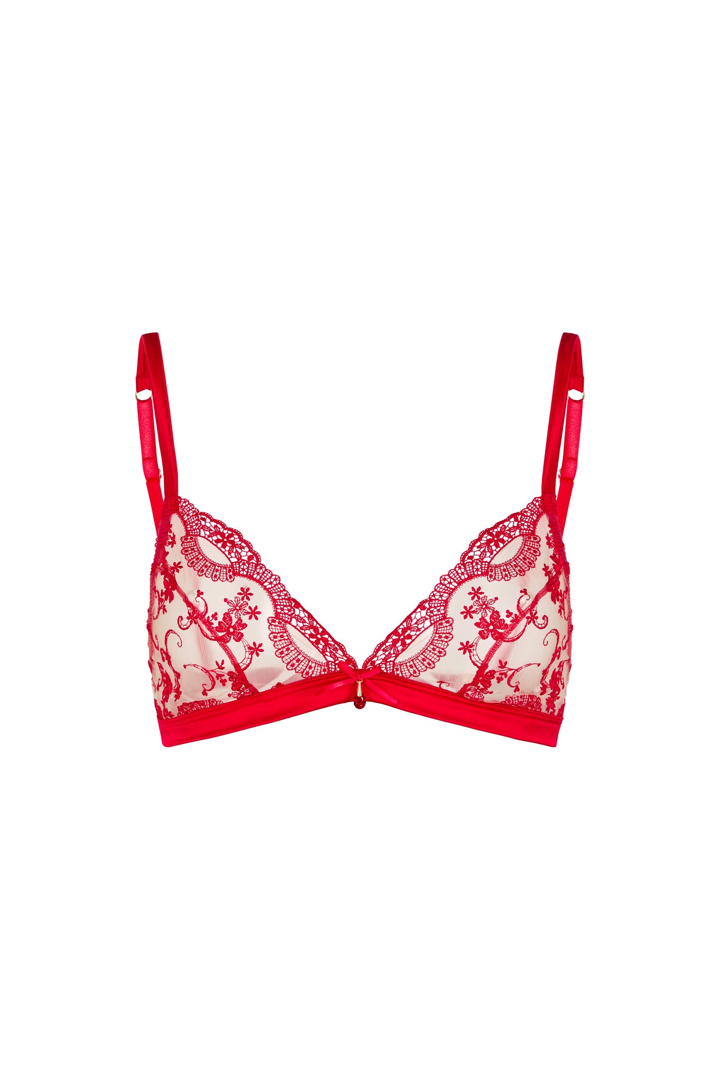 Juliette red triangle bralette with sheer Swiss embroidery cups, wide satin underband and crystal centrepiece on a white background.
