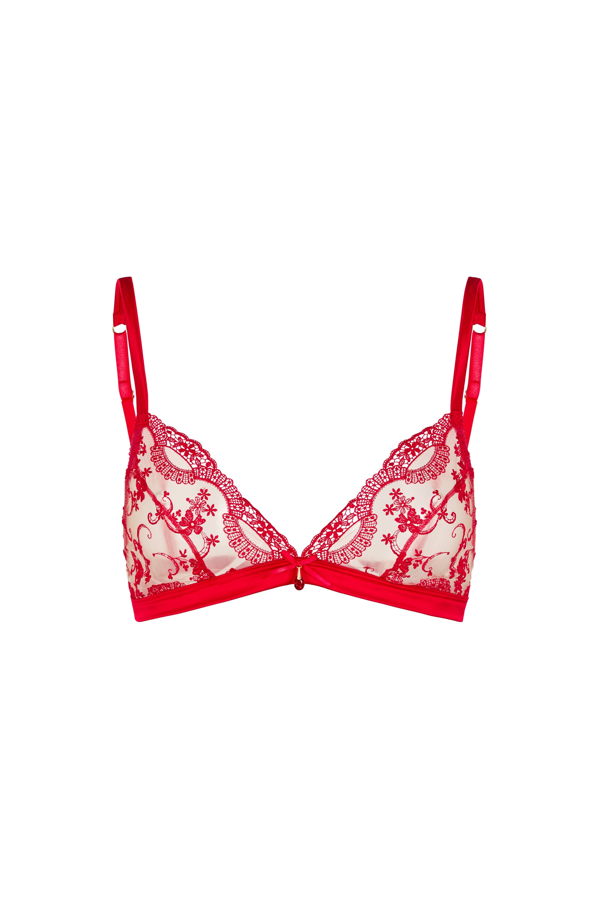 Juliette red triangle bralette with sheer Swiss embroidery cups, wide satin underband and crystal centrepiece on a white background.