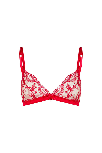 Juliette red triangle bralette with sheer Swiss embroidery cups, wide satin underband and crystal centrepiece on a white background.