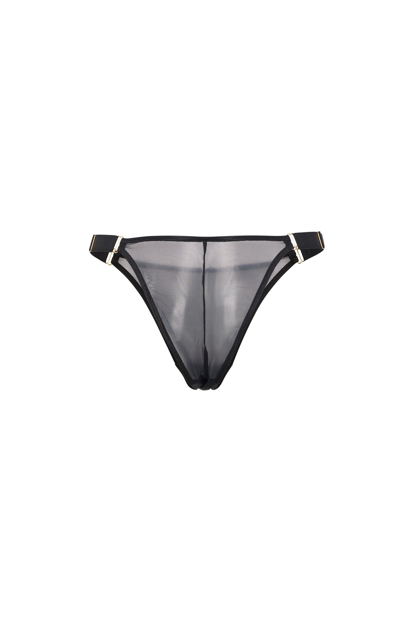Back view of the Kate black brief with sheer mesh, wide satin side straps and gold-tone hardware on a white background.