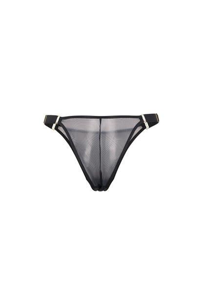 Back view of the Kate black brief with sheer mesh, wide satin side straps and gold-tone hardware on a white background.