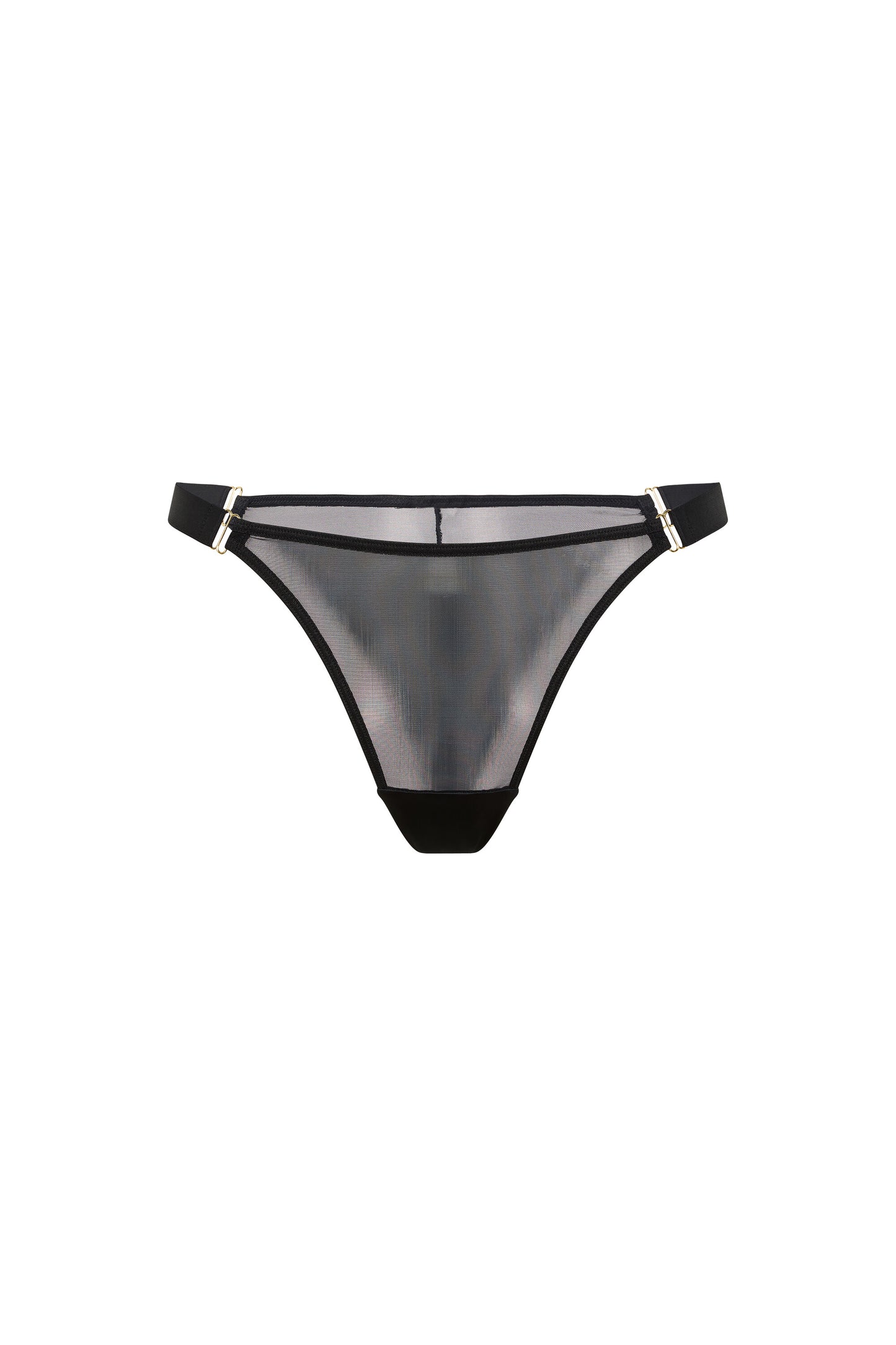 Kate black brief with sheer mesh, wide adjustable satin side straps and gold-tone hardware on a white background.