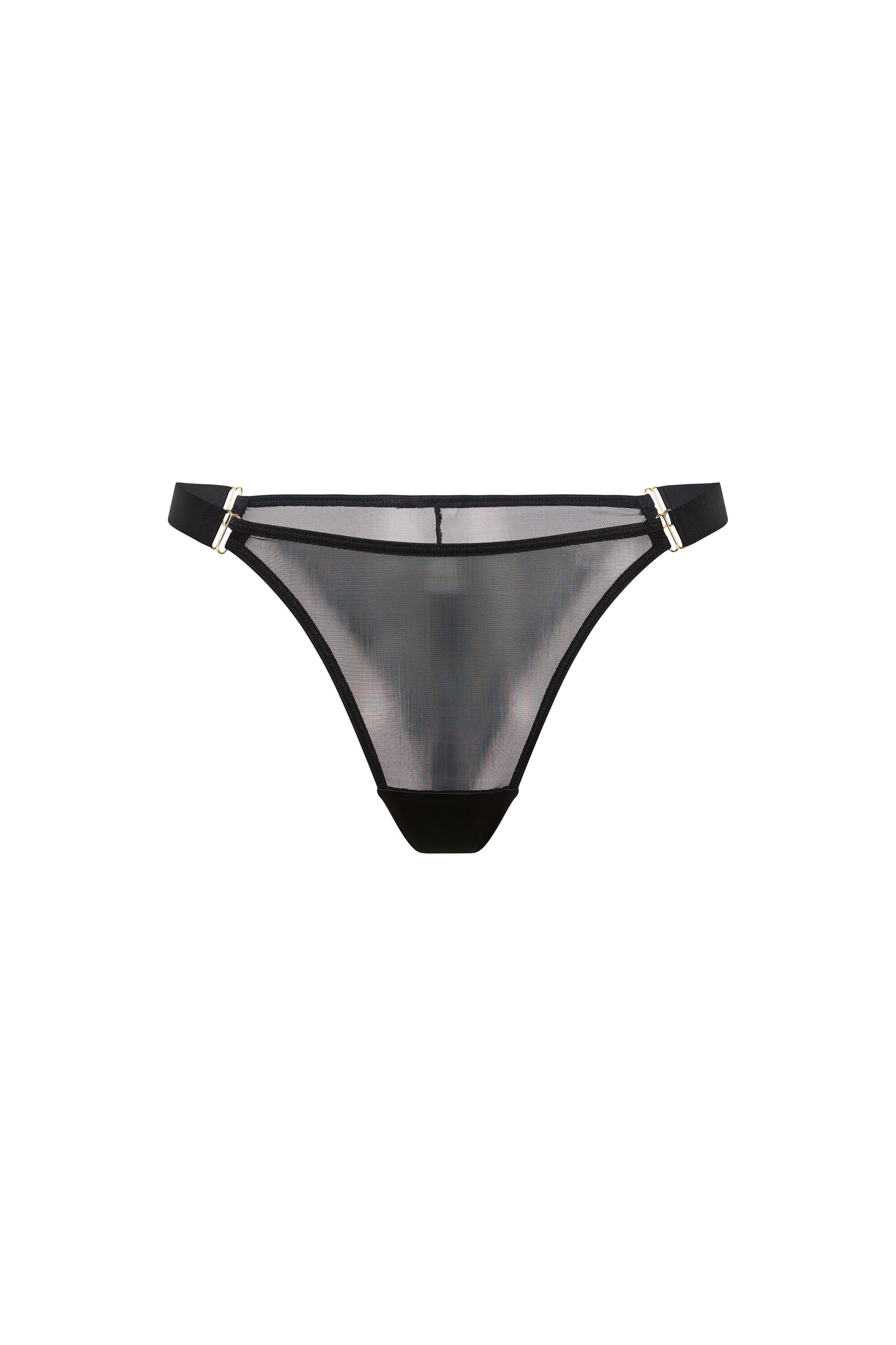 Kate black brief with sheer mesh, wide adjustable satin side straps and gold-tone hardware on a white background.