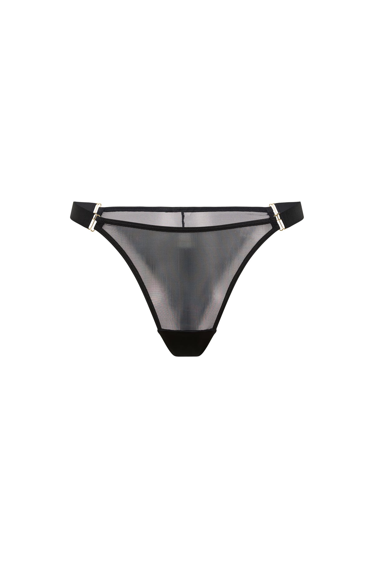 Kate black brief with sheer mesh, wide adjustable satin side straps and gold-tone hardware on a white background.